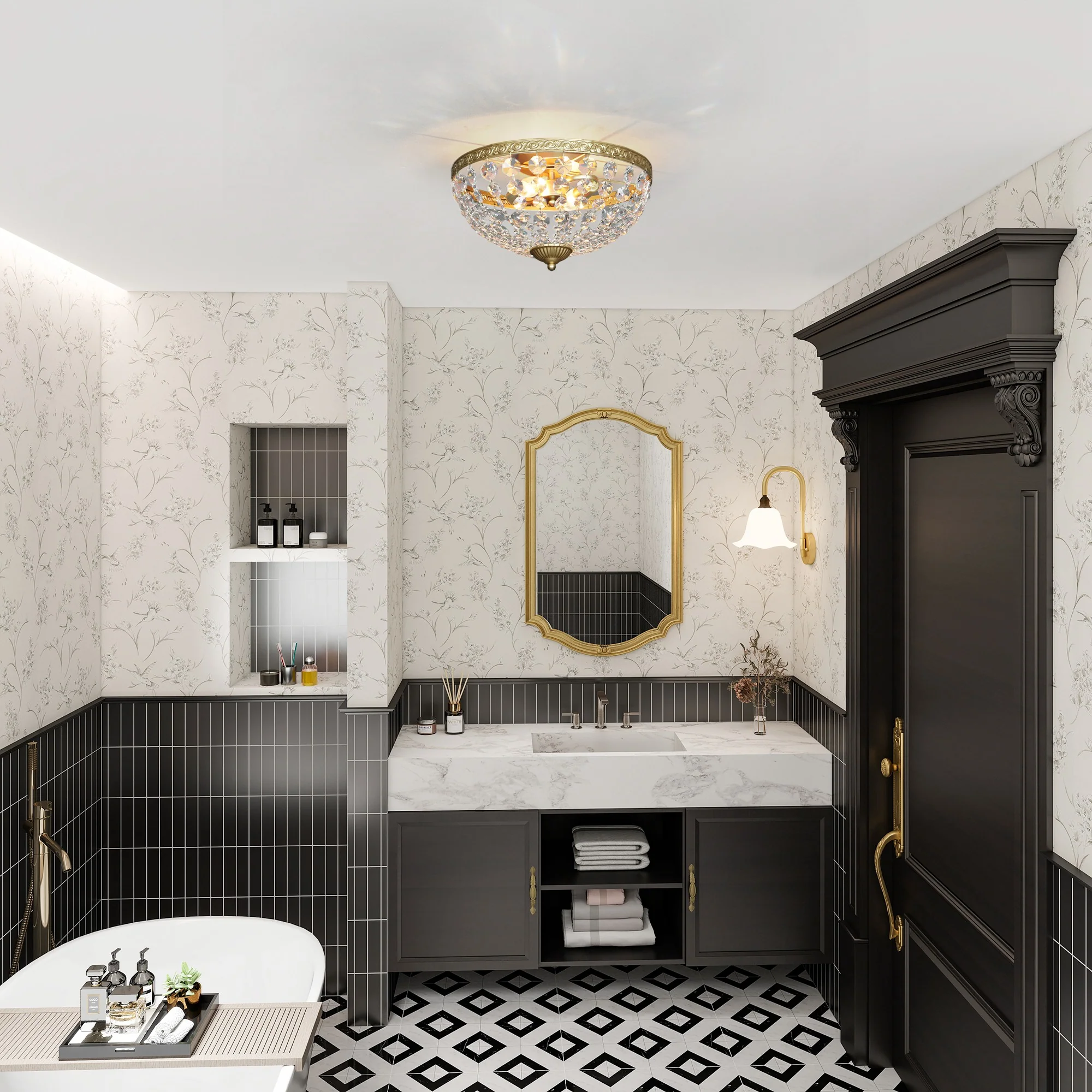 HOMCOM Chandelier Crystal Ceiling Light With E14 Base 2-Lights, Gold - Image 9