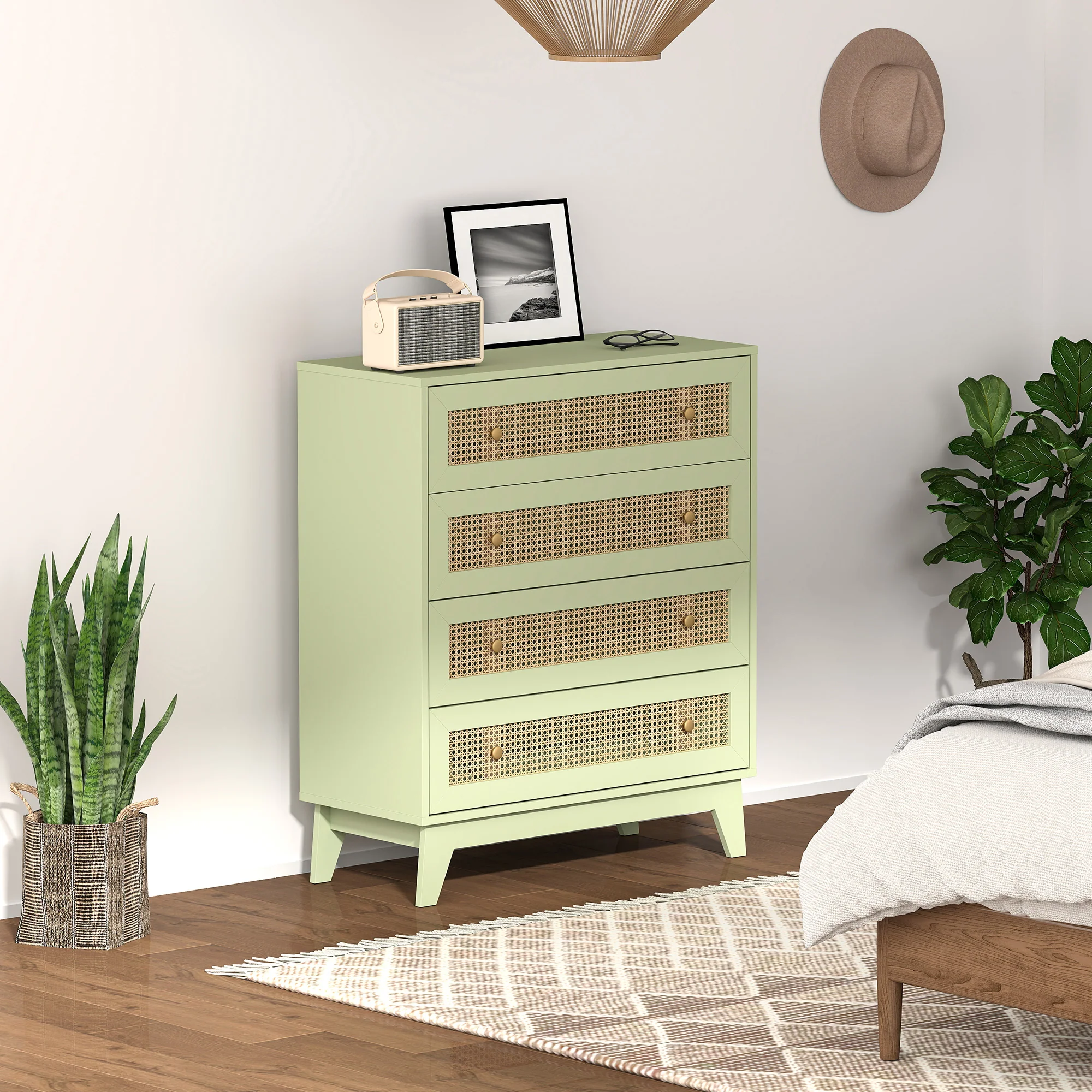 HOMCOM Chest of Drawers, 4 Drawer Unit Storage Organiser with Rattan Element - Image 2