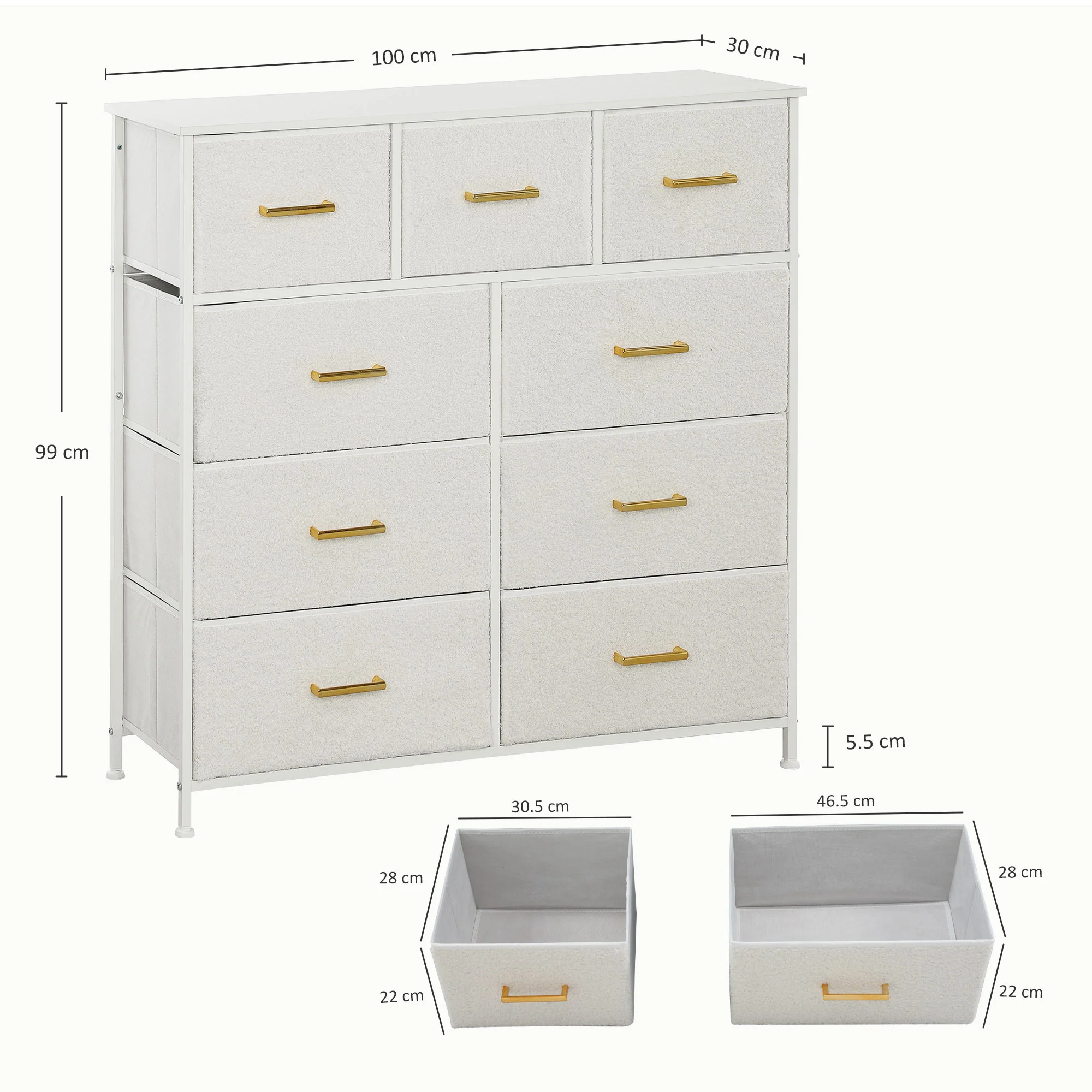 HOMCOM Chest of Drawers with 9 Drawers, Boucle Storage Organiser, Cream - Image 5