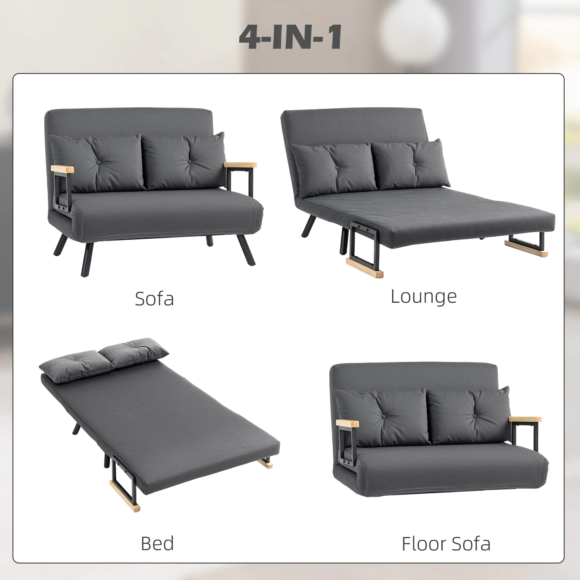 HOMCOM Click Clack 2 Seater Sofa Bed For Living Room, Guest Room, Light Grey - Image 3