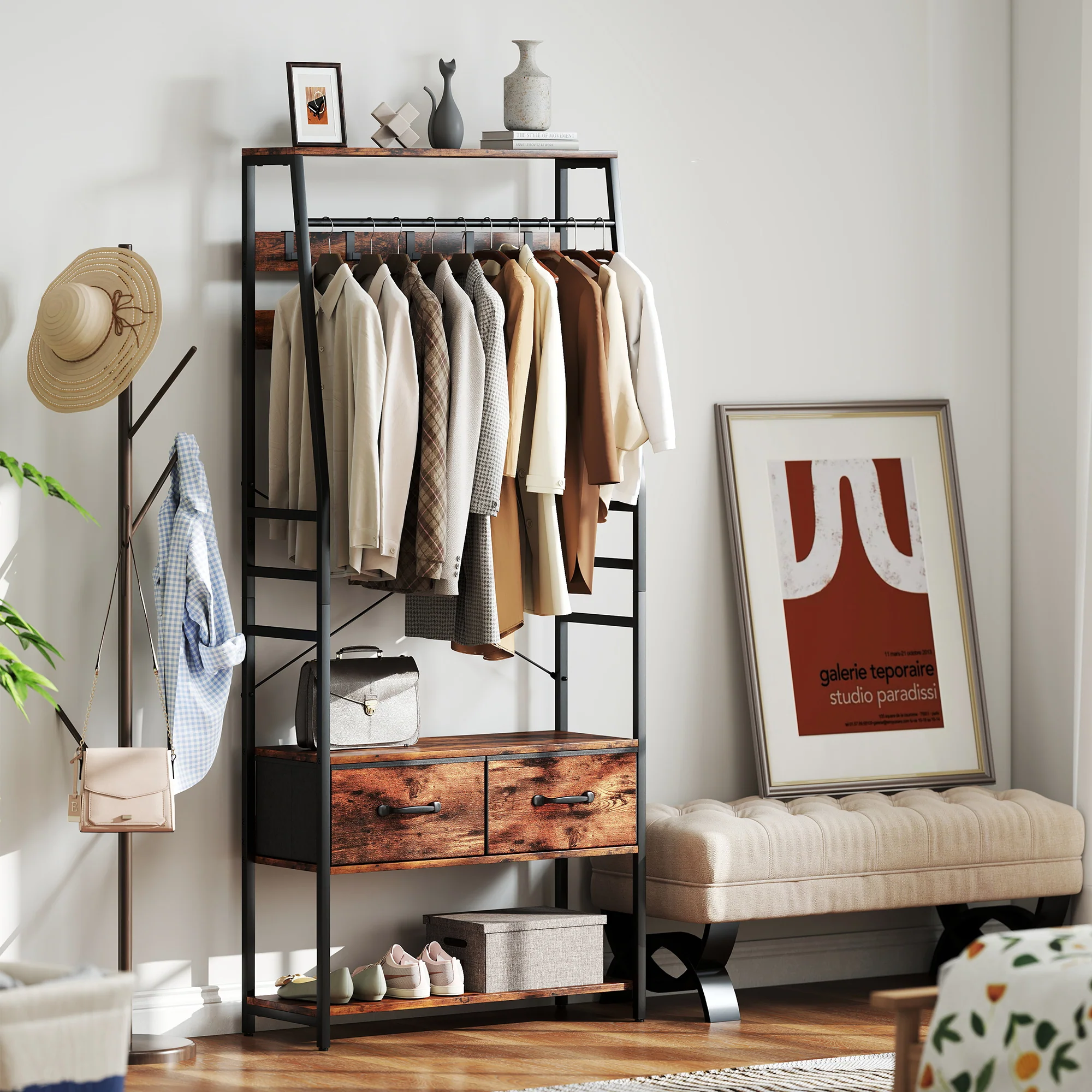 HOMCOM Coat Rack with Shoe Storage, Bench and 10 Hooks, Rustic Brown - Image 8