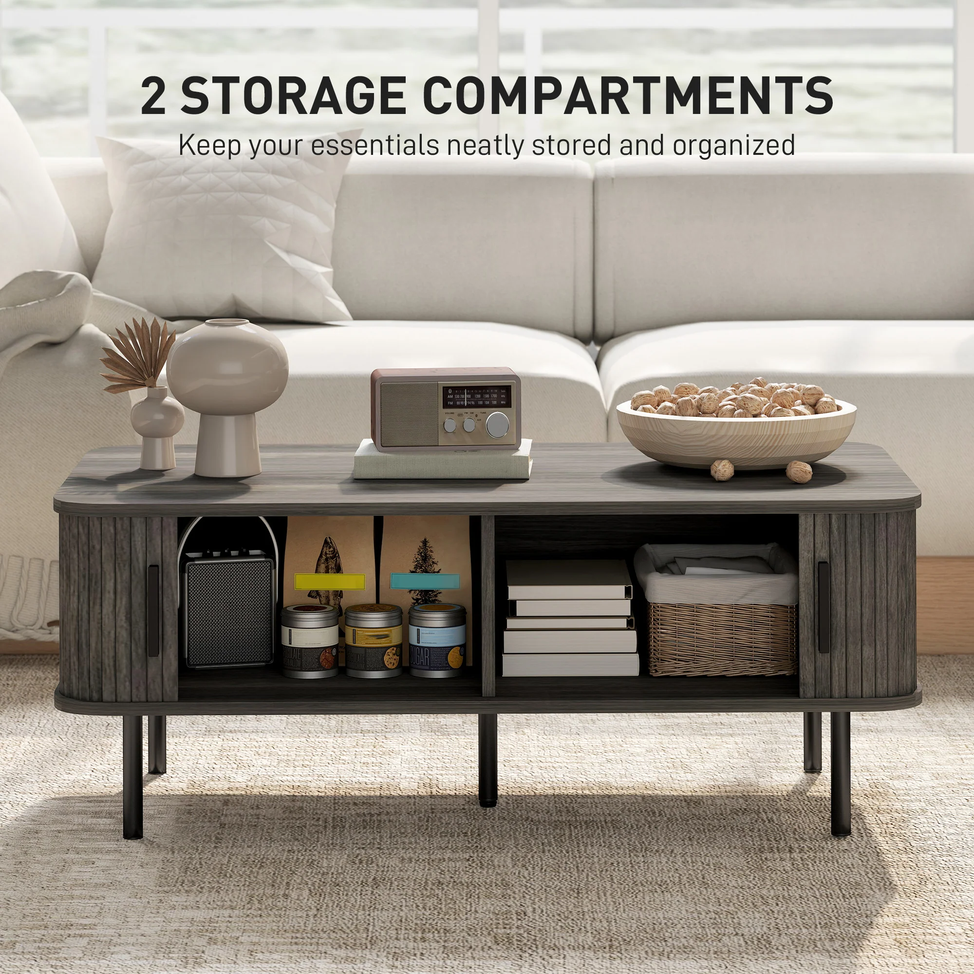 HOMCOM Coffee Table With Storage And Sliding Doors For Living Room - Image 6