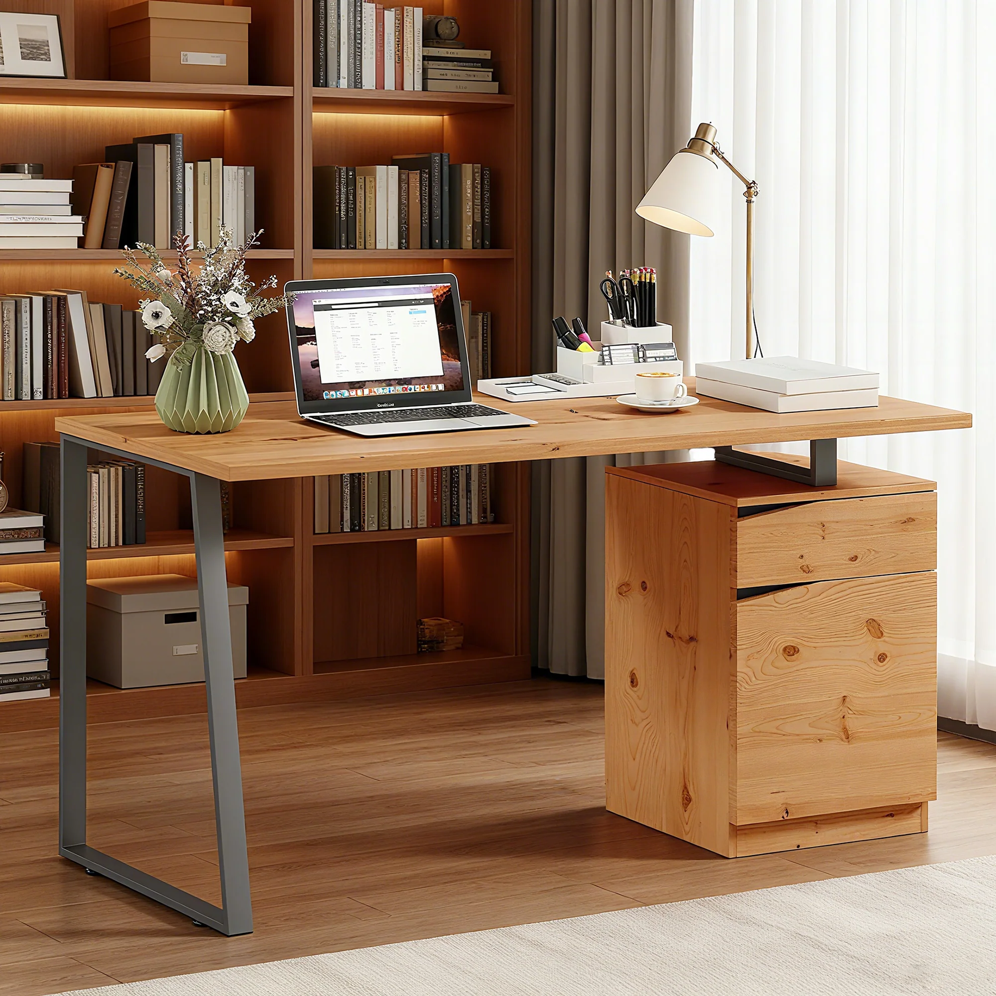 HOMCOM Computer Desk, Writing Table with Cabinet and Drawer, Natural - Image 2