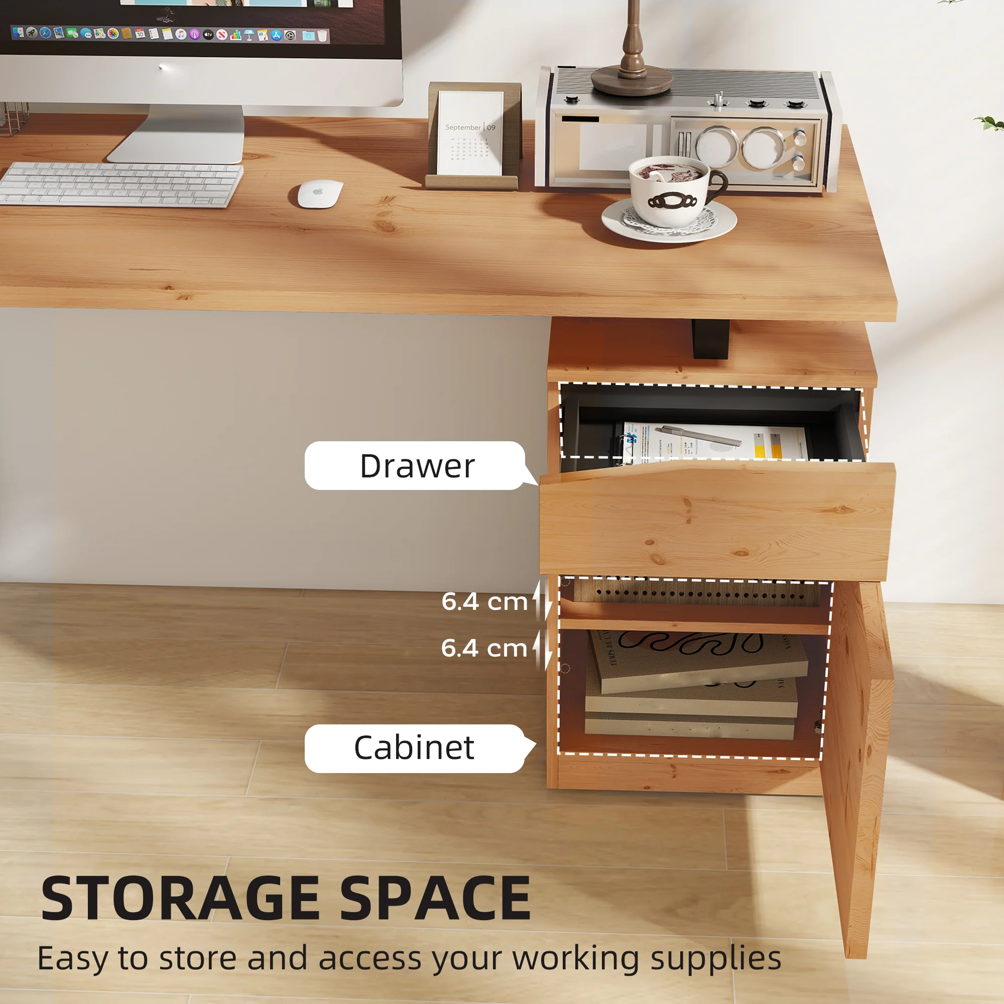 HOMCOM Computer Desk, Writing Table with Cabinet and Drawer, Natural - Image 4