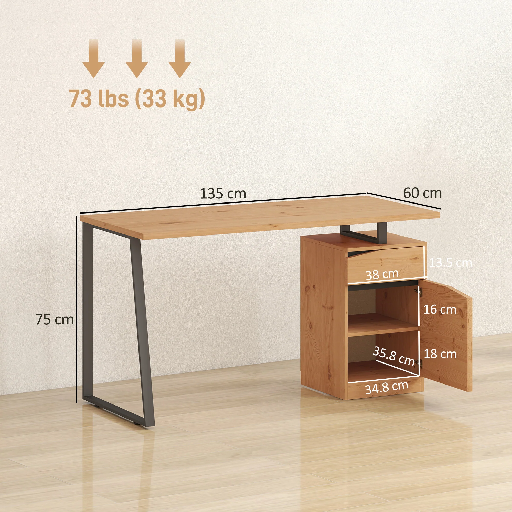HOMCOM Computer Desk, Writing Table with Cabinet and Drawer, Natural - Image 5
