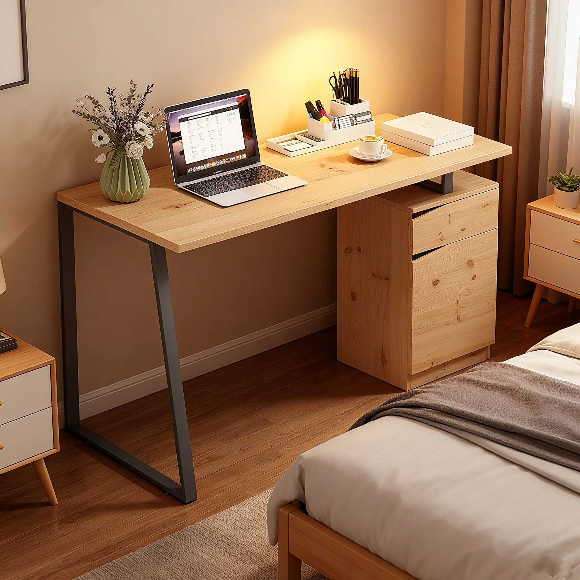 HOMCOM Computer Desk, Writing Table with Cabinet and Drawer, Natural - Image 7