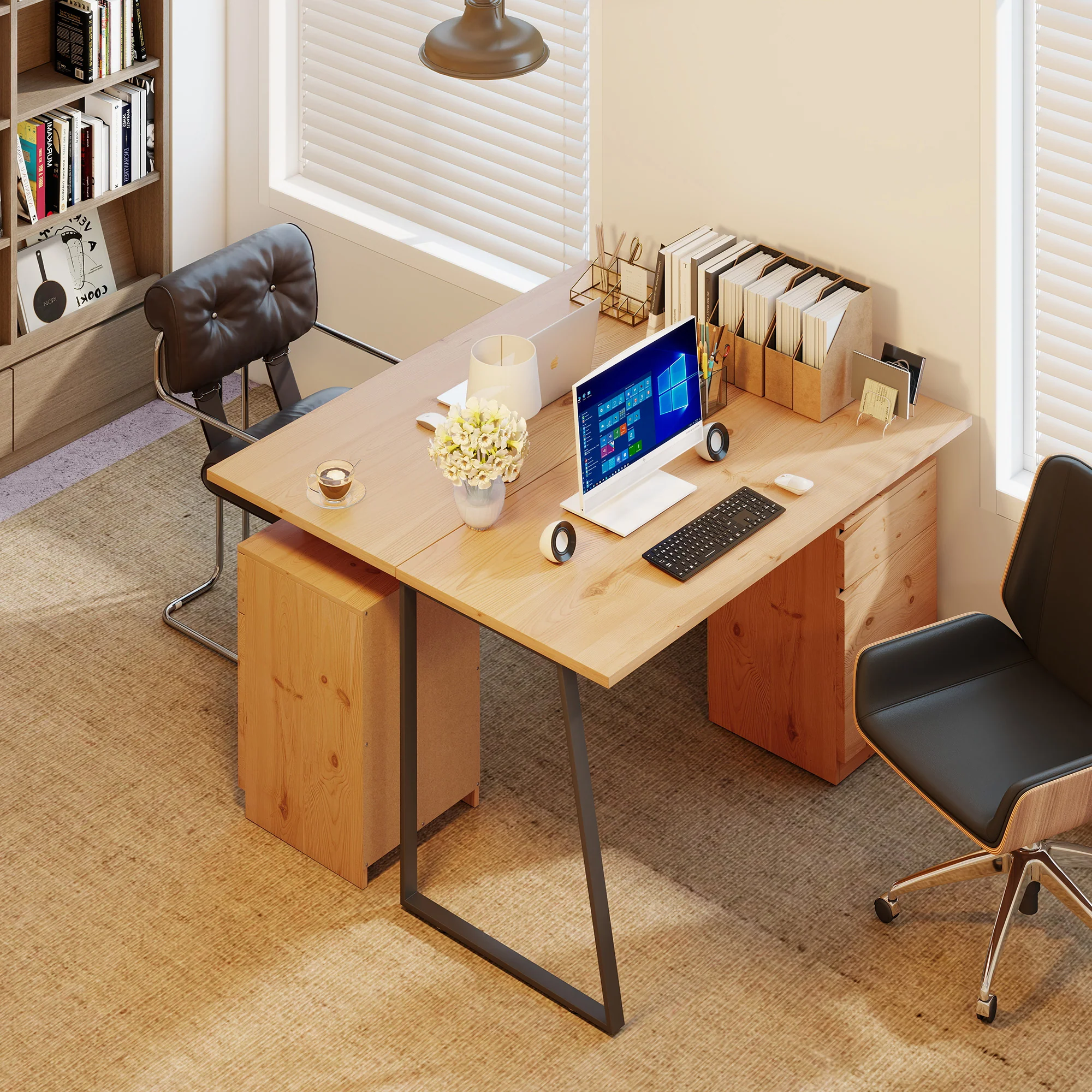 HOMCOM Computer Desk, Writing Table with Cabinet and Drawer, Natural - Image 9