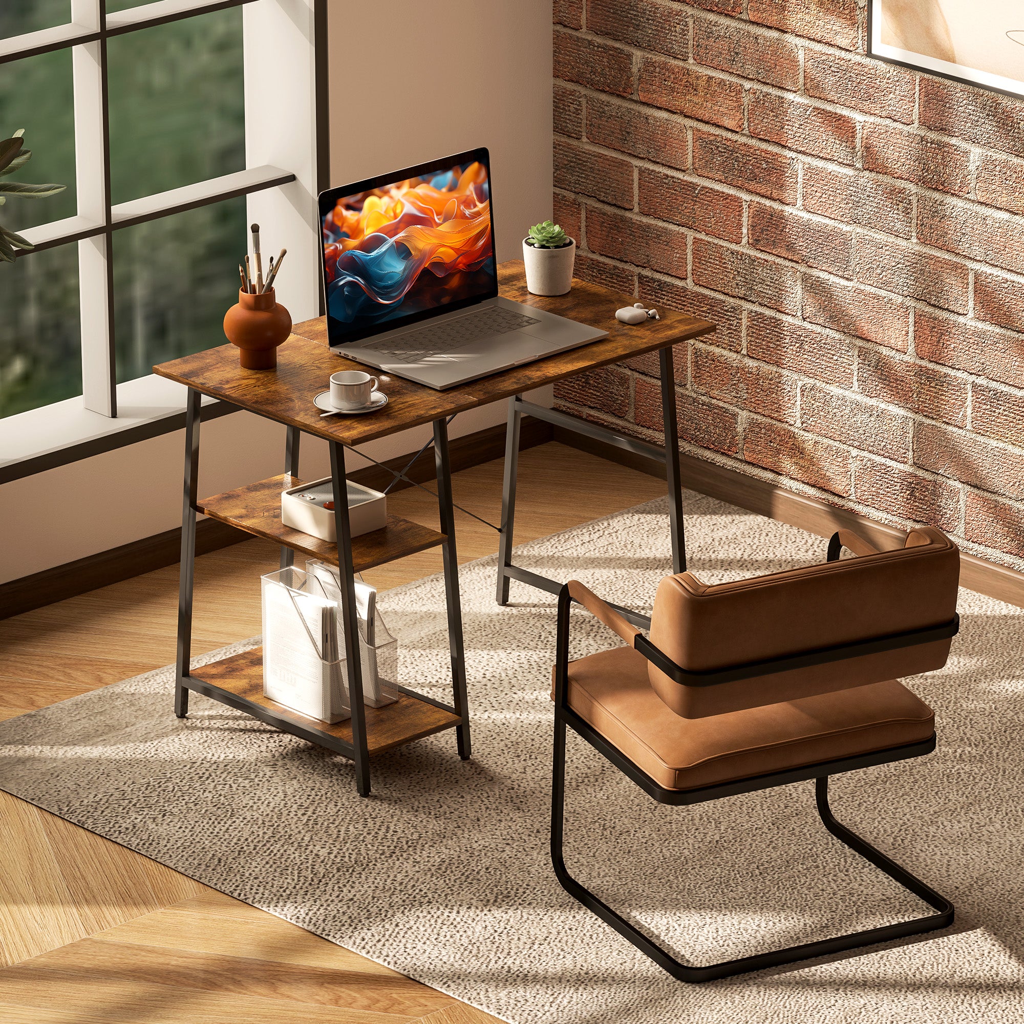 HOMCOM Computer Table Wor Desk with Shelves & Steel Frame, Rustic Brown - Image 2