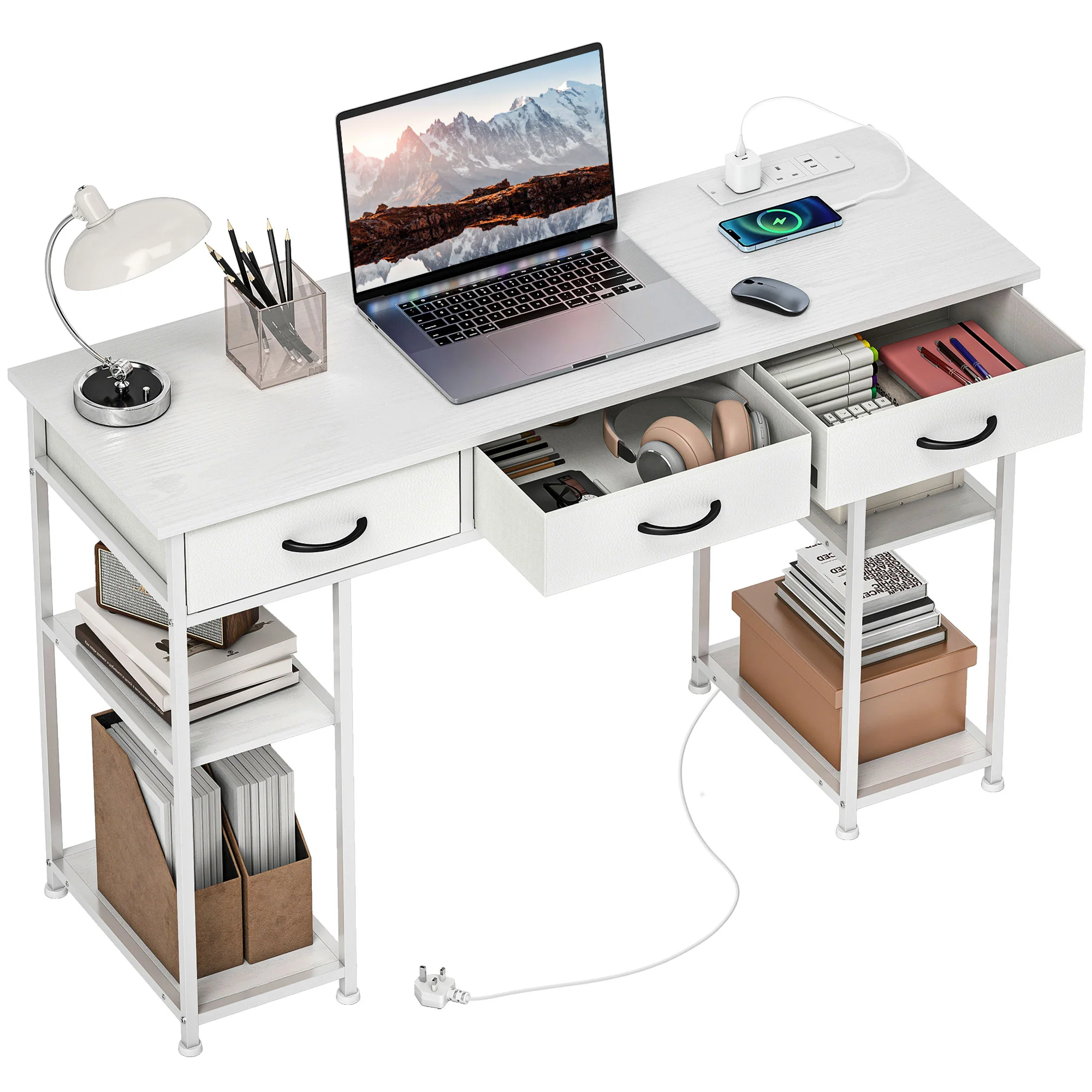 HOMCOM Computer Writing Desk With Power Outlets, Drawers, Shelves - White/Rustic Brown - Image 10