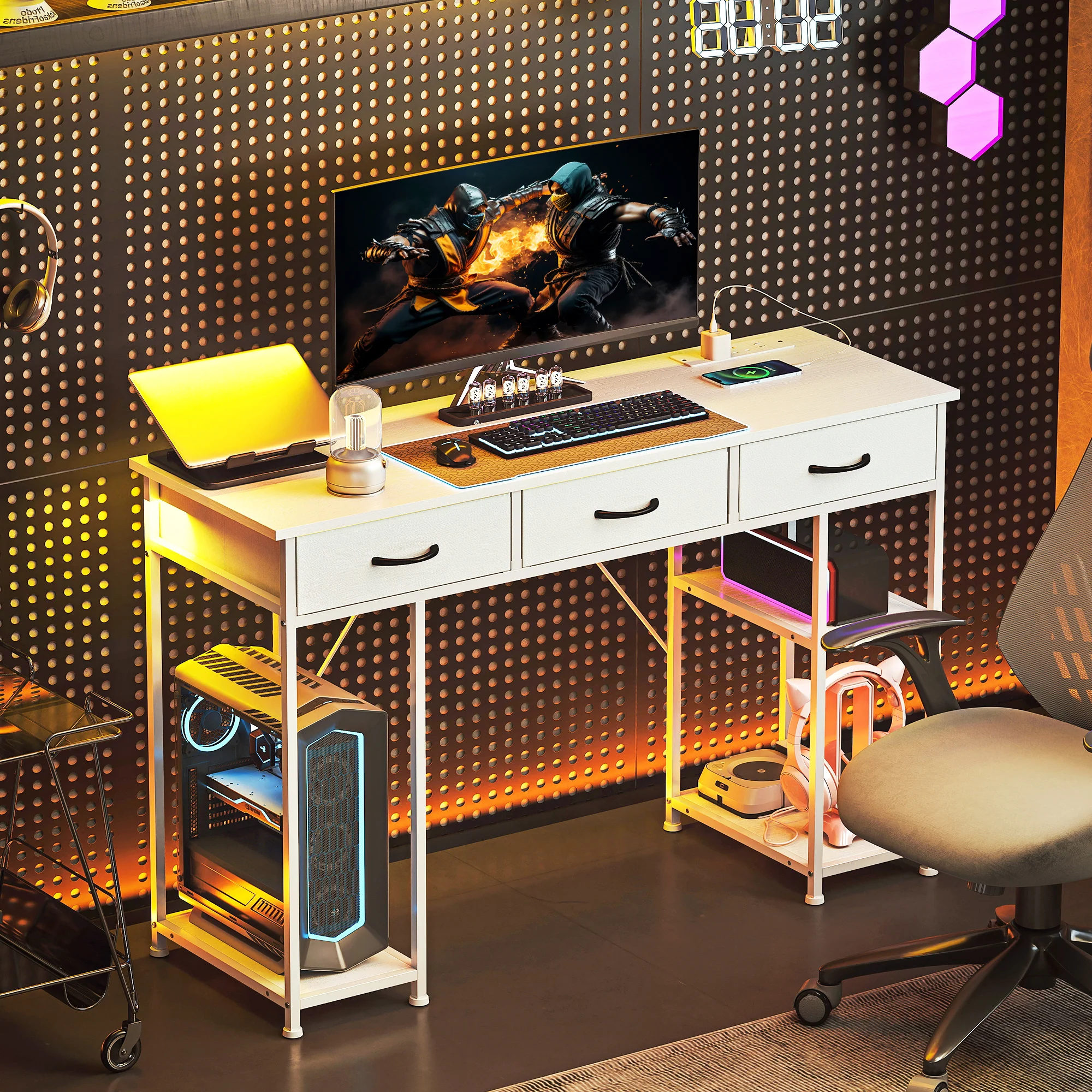 HOMCOM Computer Writing Desk With Power Outlets, Drawers, Shelves - White/Rustic Brown - Image 18