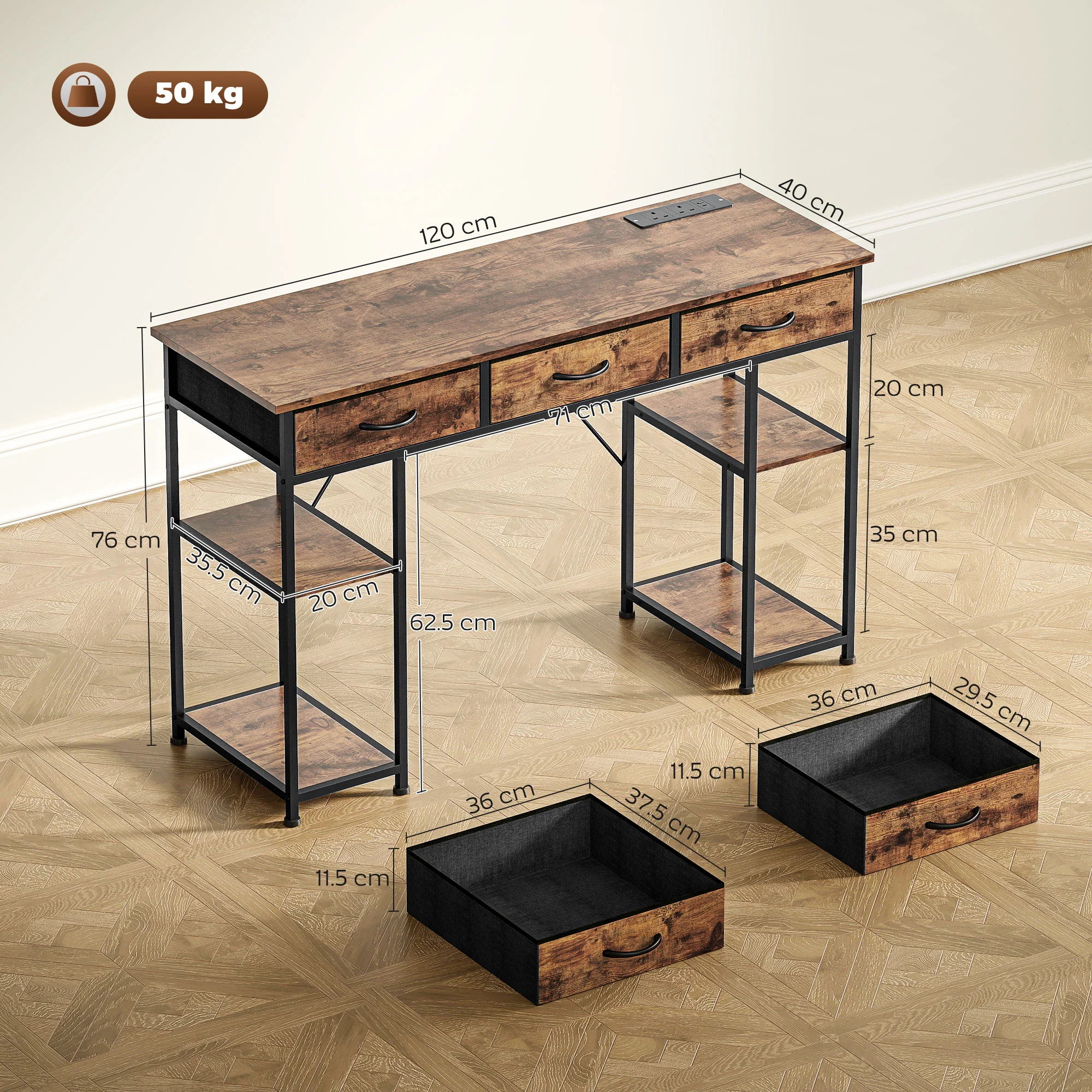 HOMCOM Computer Writing Desk With Power Outlets, Drawers, Shelves - White/Rustic Brown - Image 5