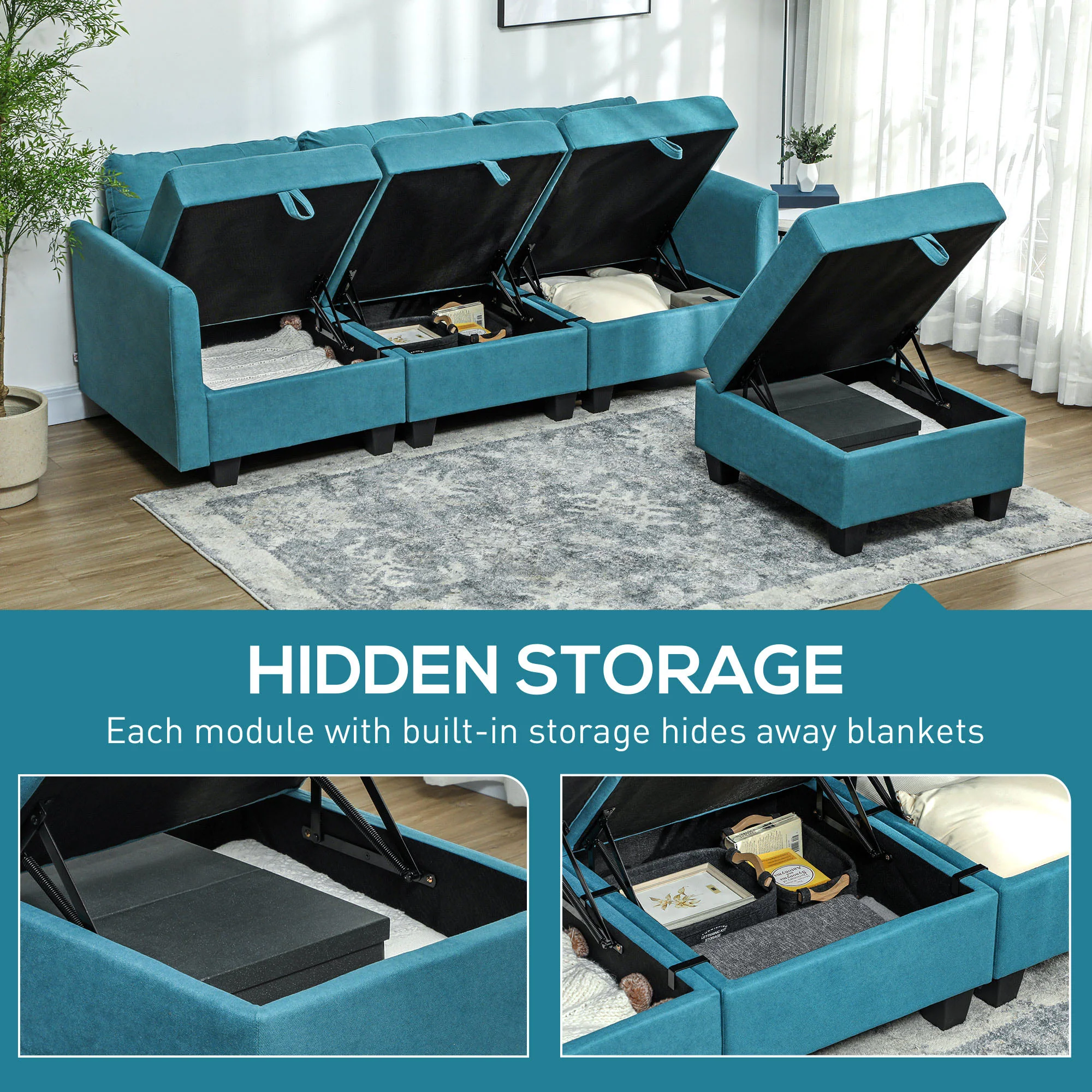 HOMCOM Convertible Modular Sectional Sofa w/ Storage Wood Frame - Image 13