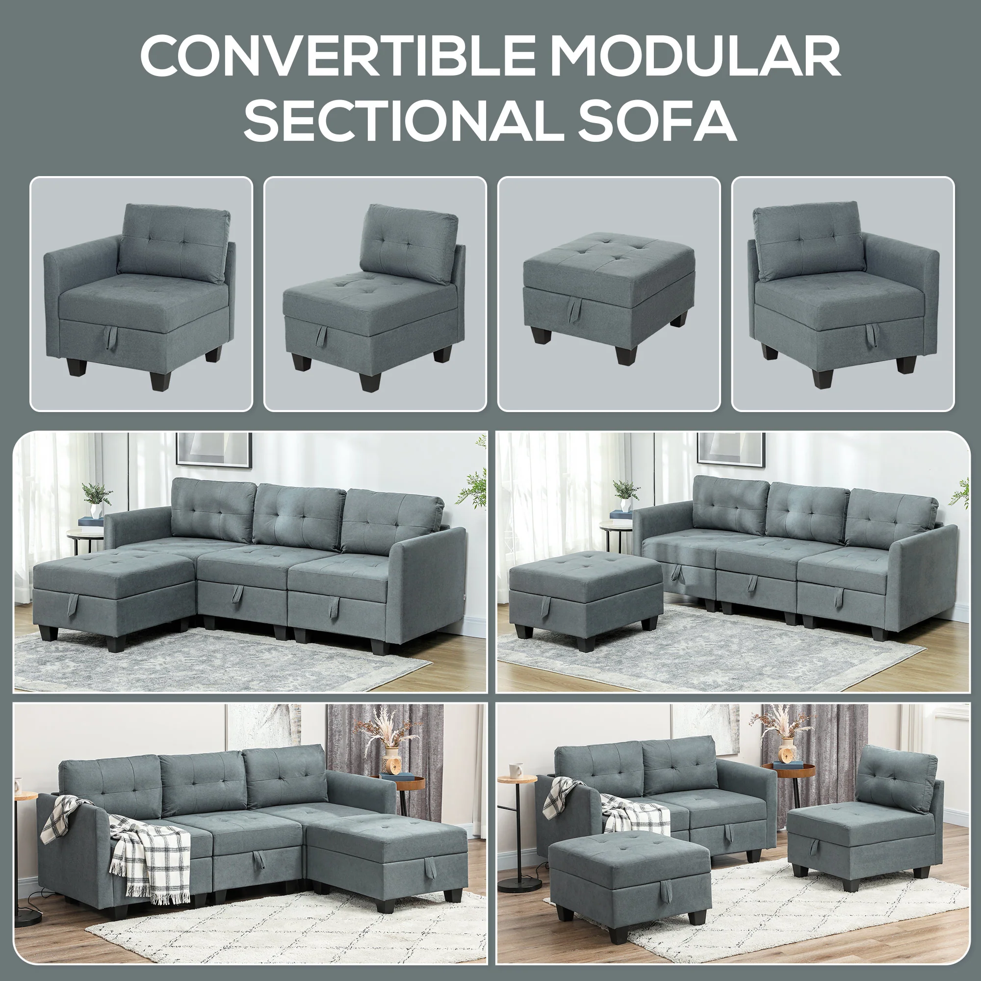 HOMCOM Convertible Modular Sectional Sofa w/ Storage Wood Frame - Image 3
