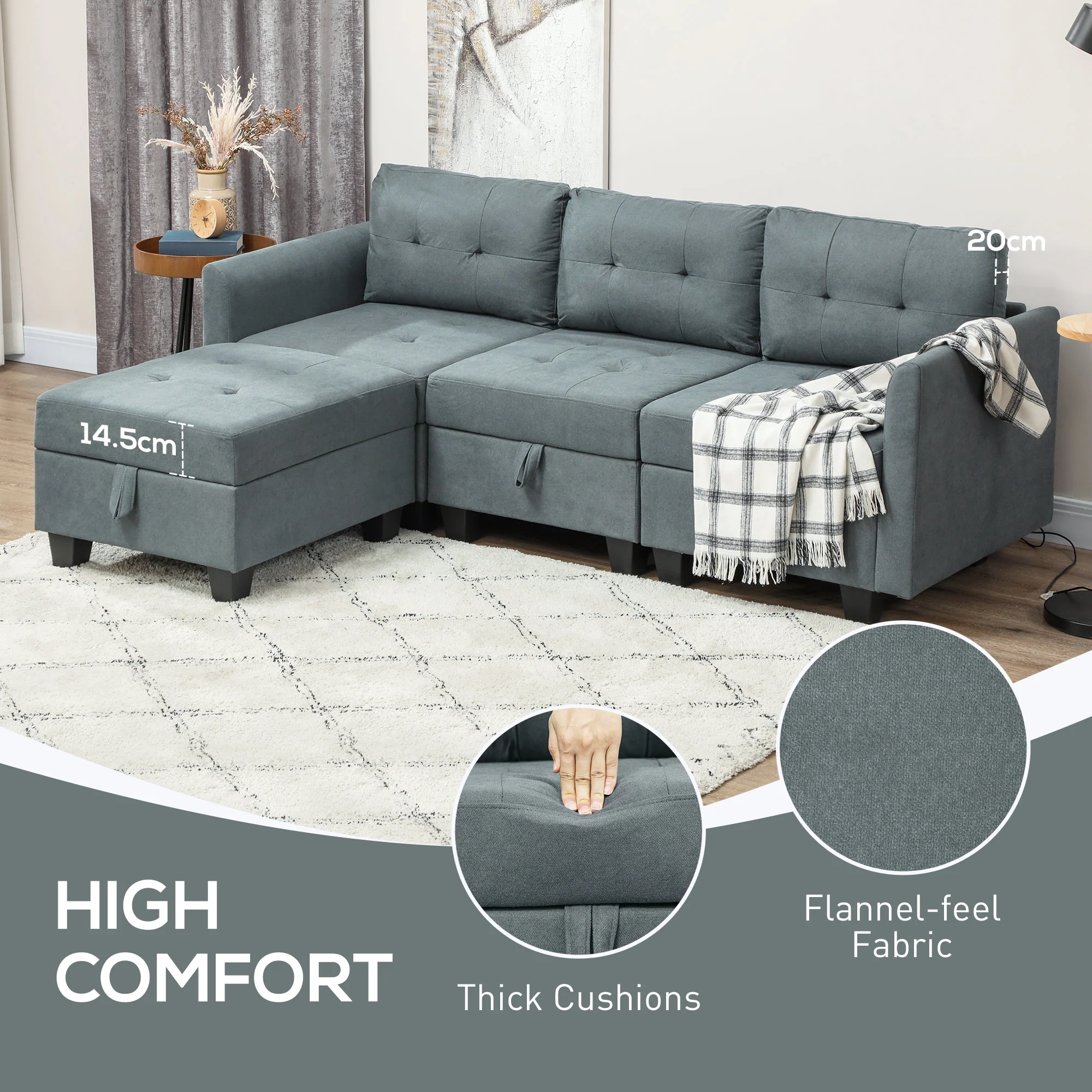 HOMCOM Convertible Modular Sectional Sofa w/ Storage Wood Frame - Image 6
