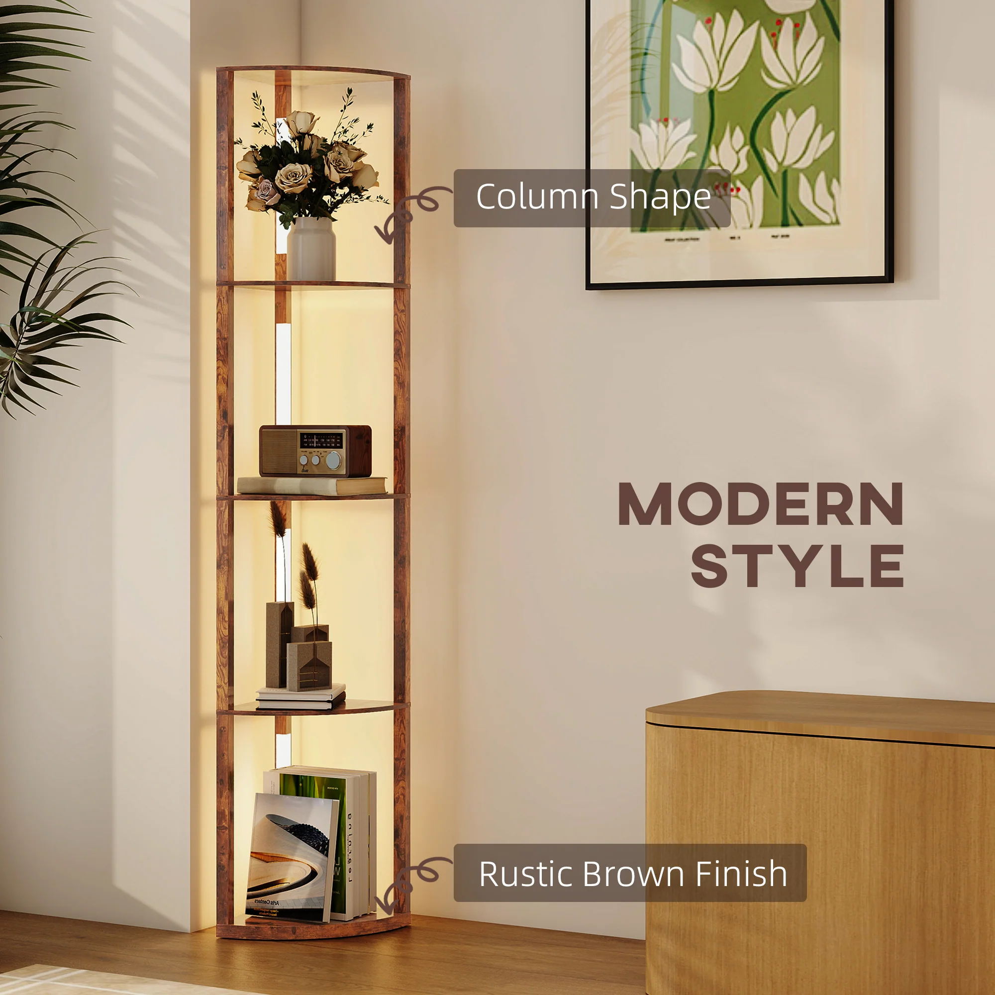 HOMCOM Corner Floor Lamp with Dimmable Warm White LED Light, Rustic Brown - Image 3