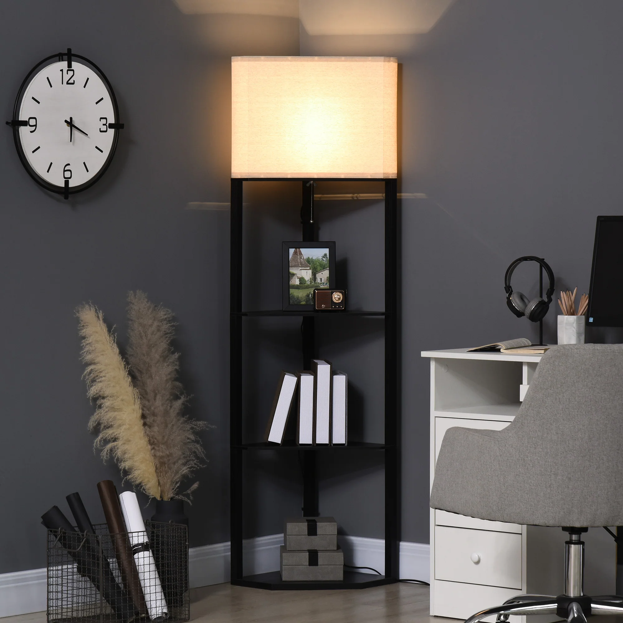 HOMCOM Corner Modern Floor Lamp with Shelves for Living Room, Bedroom, Black