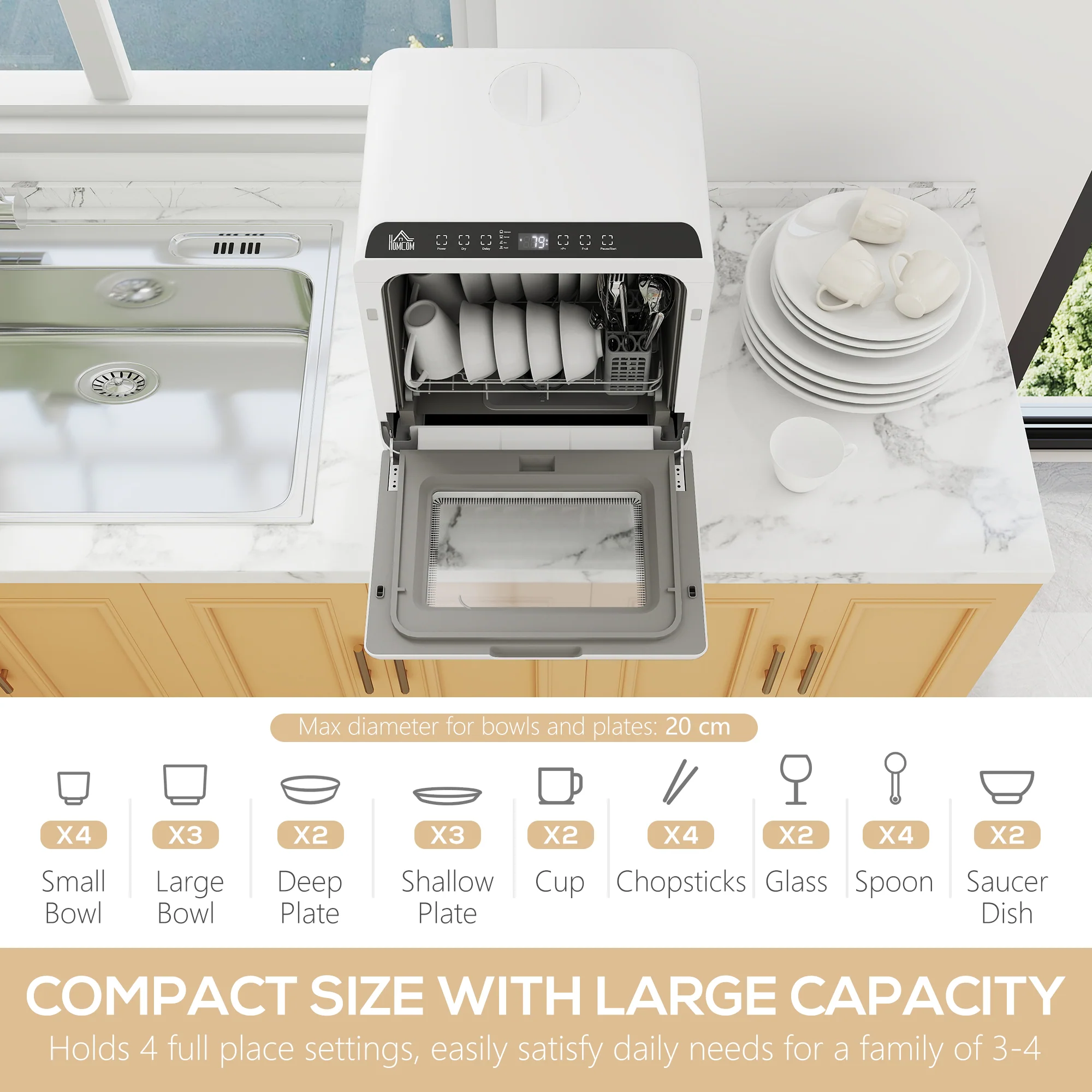 HOMCOM Countertop Dishwasher With Dual Water Supply And 6 Programs, White - Image 3