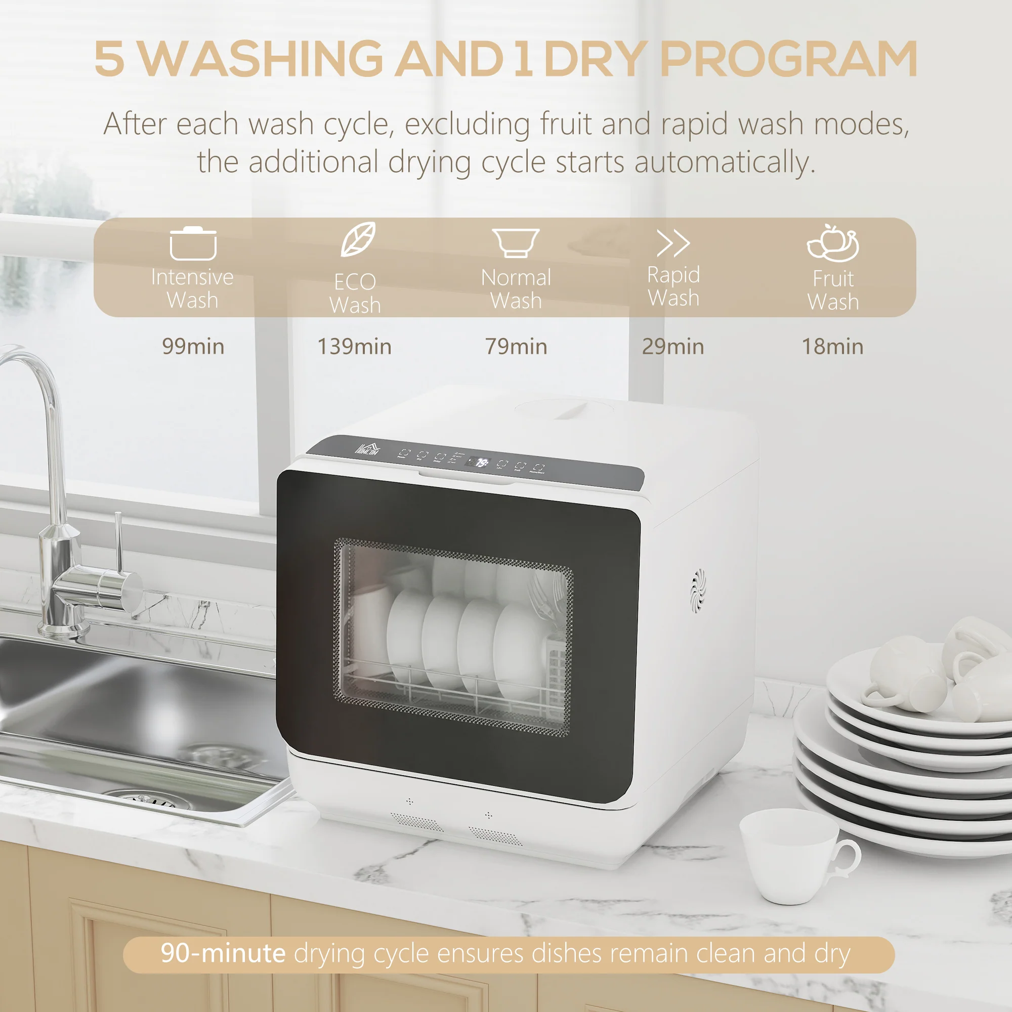 HOMCOM Countertop Dishwasher With Dual Water Supply And 6 Programs, White - Image 4