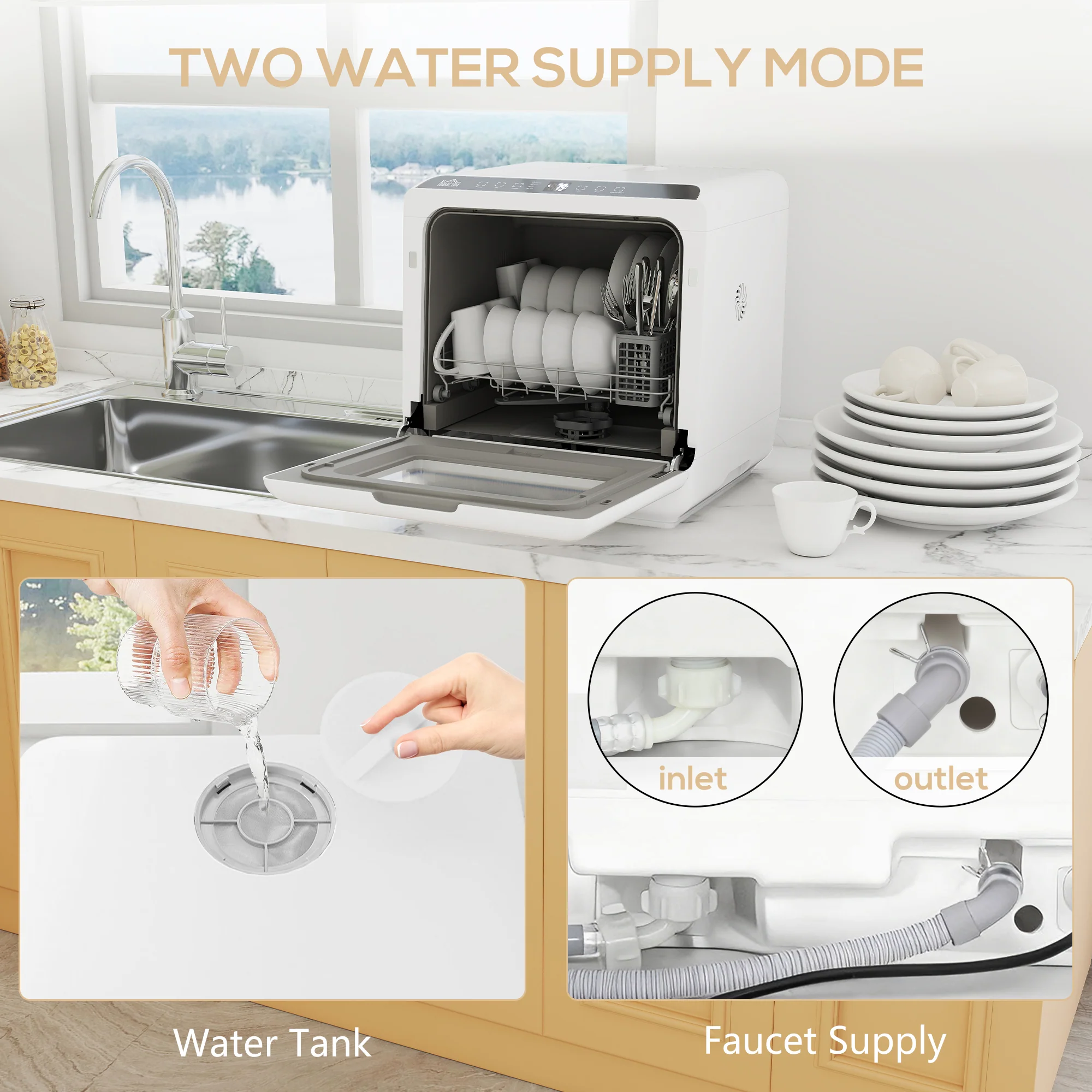 HOMCOM Countertop Dishwasher With Dual Water Supply And 6 Programs, White - Image 6