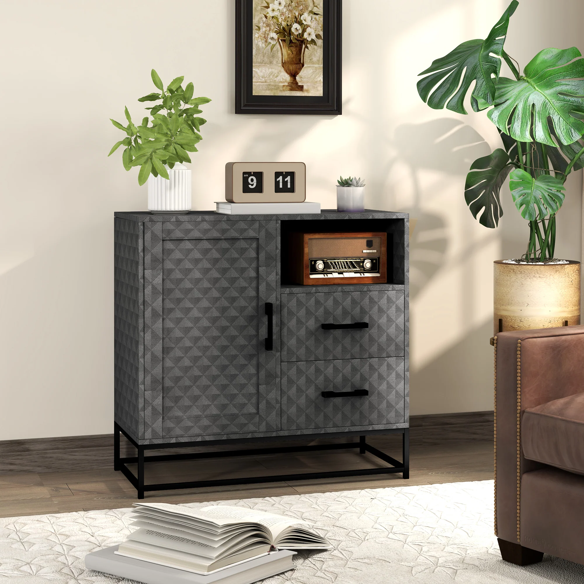 HOMCOM Cupboard with Adjustable Shelf, Open Compartment, 2 Drawers - Image 11