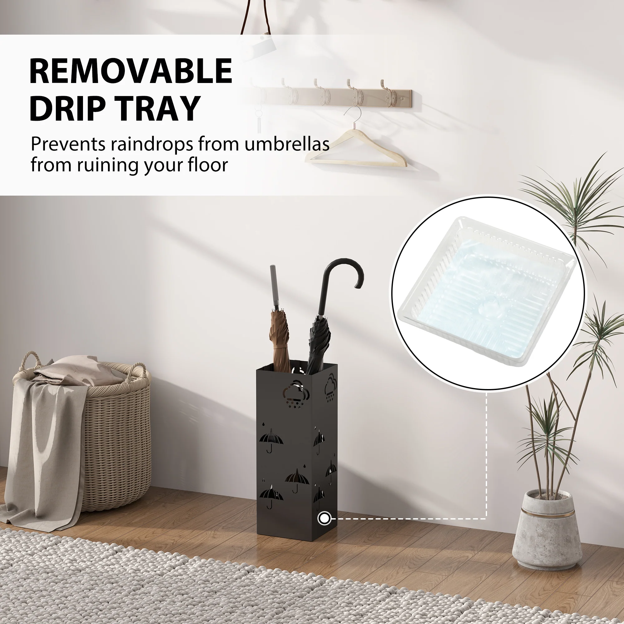 HOMCOM Decorative Umbrella Holder w/ Drip Tray 4 Hooks for Entryway Black - Image 3