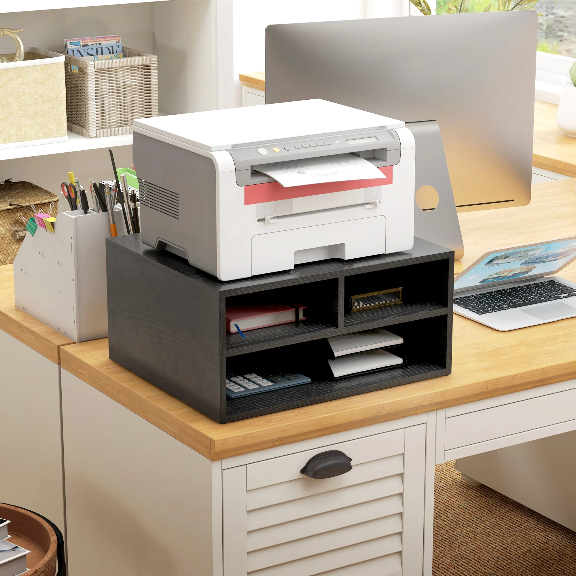HOMCOM Desktop Printer Stand With 3 Open Compartments, Desk Organiser, Black - Image 2