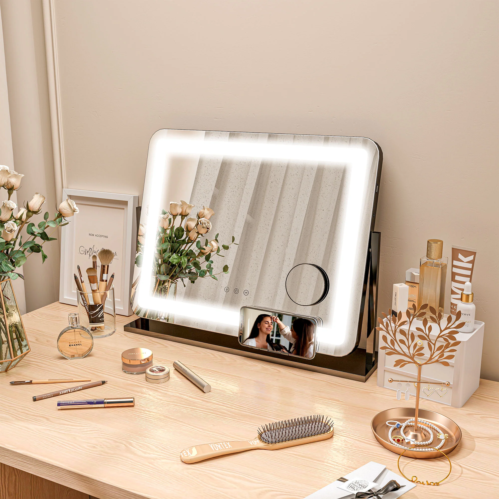HOMCOM Dimmable Lighted Makeup Mirror with Magnifier, USB Port, 360° Rotation - Image 2