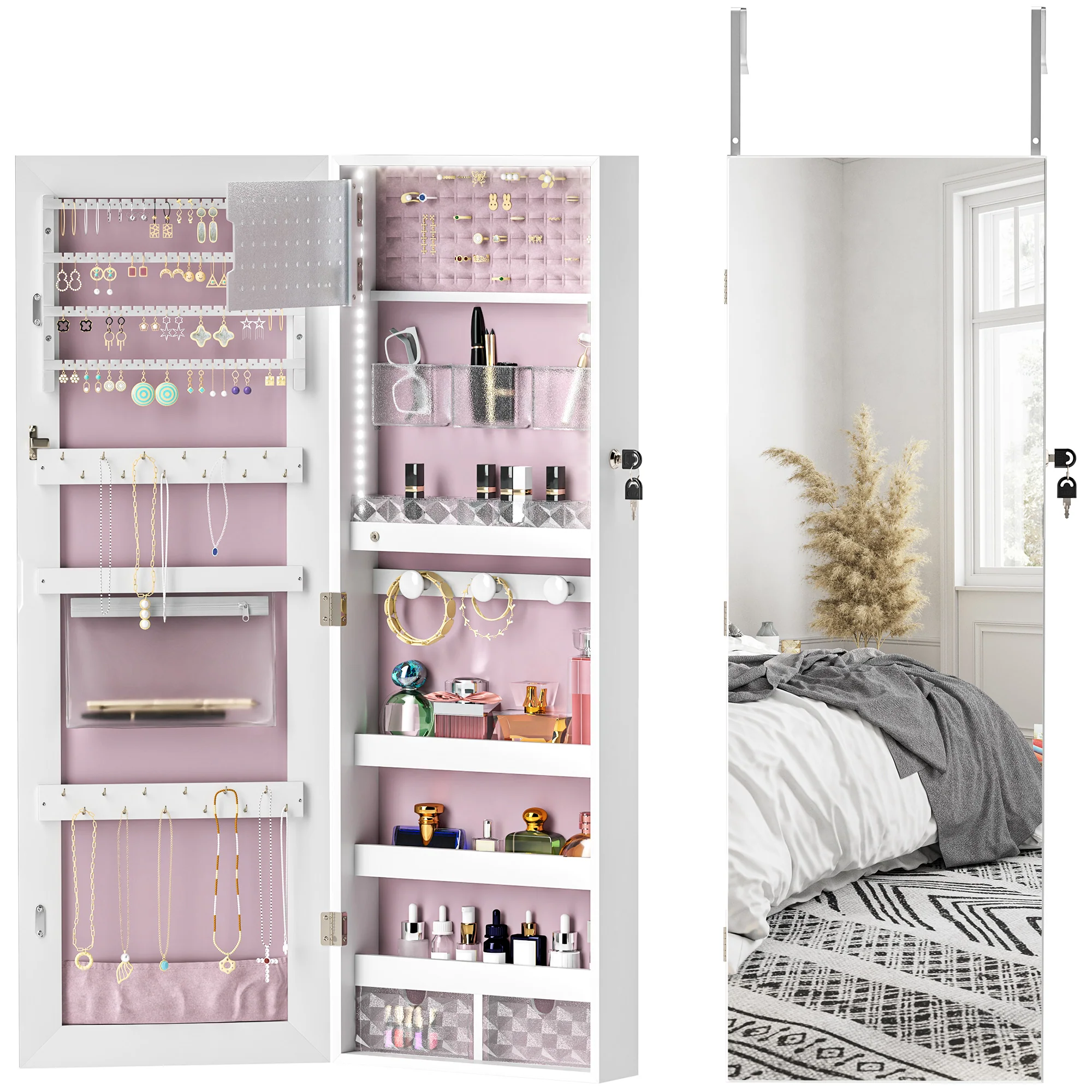 HOMCOM Door Hanging or Wall Mounted Jewellery Cabinet w/ Mirror Lining - Image 10