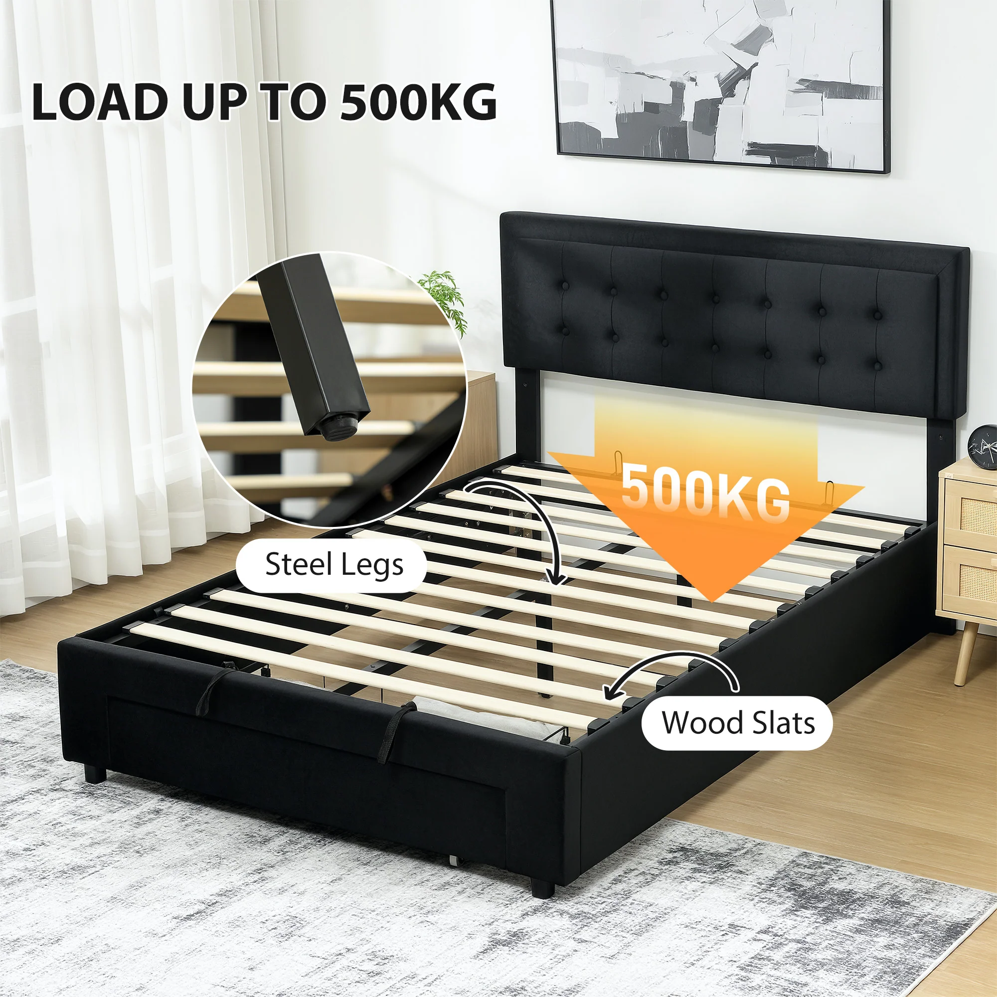 HOMCOM Double Bed Frame With Storage And Adjustable Velvet Headboard - Image 6