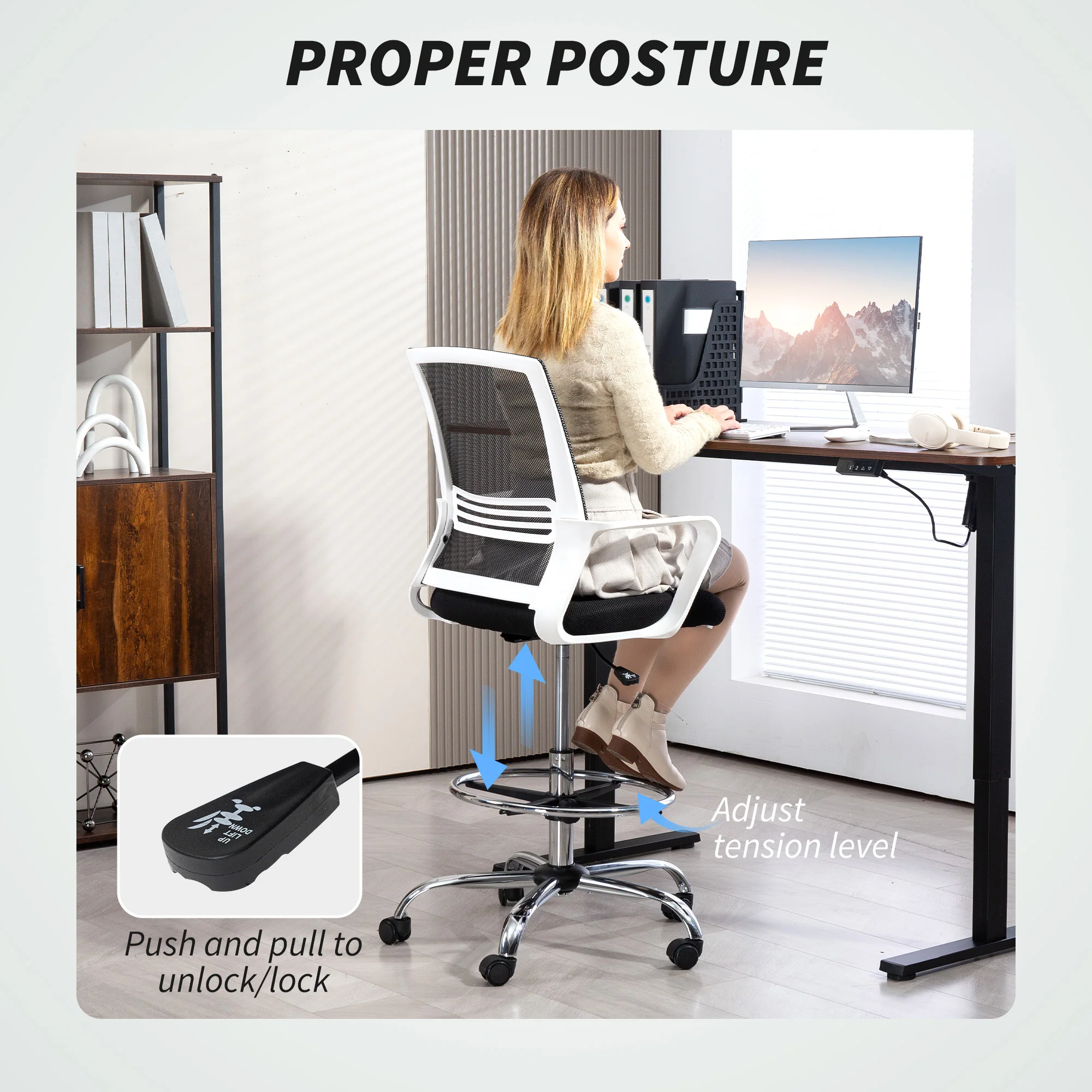 HOMCOM Draughtsman Chair, Mesh Ergonomic Drafting Chair - Image 4