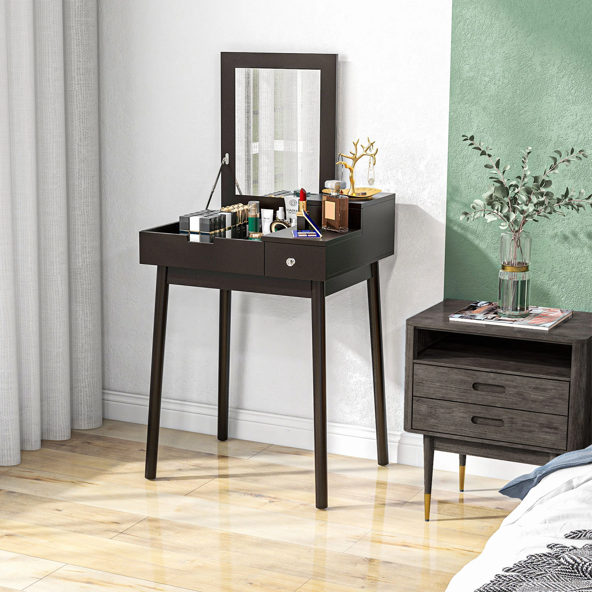 HOMCOM Dressing Table Vanity Desk Flip-up Mirror 2 Drawers, Black - Image 7