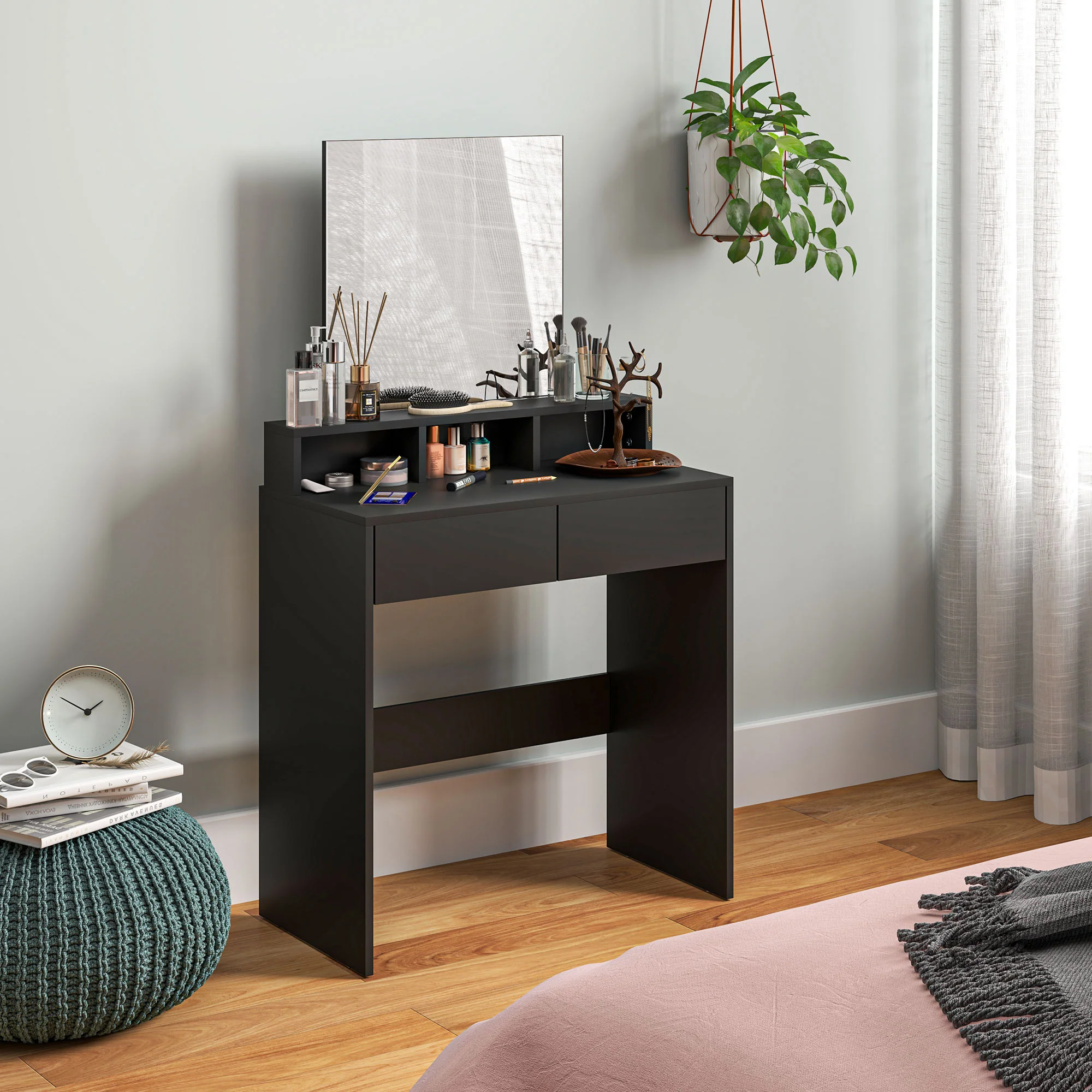 HOMCOM Dressing Table with Mirror, Drawers, for Bedroom, Black - Image 2