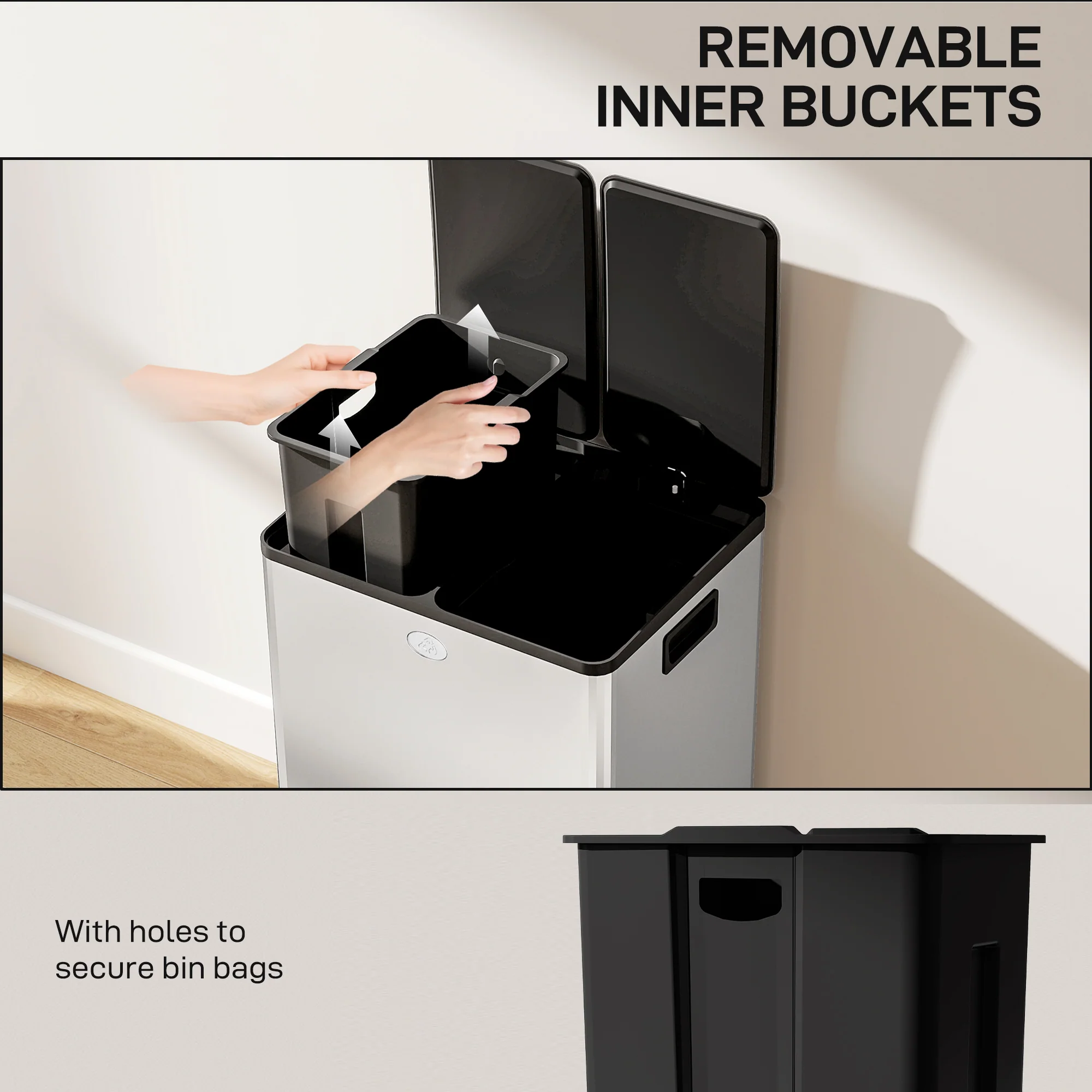 HOMCOM Dual Kitchen Bin Pedal Bin for Recycling and Waste, Silver Tone - Image 16