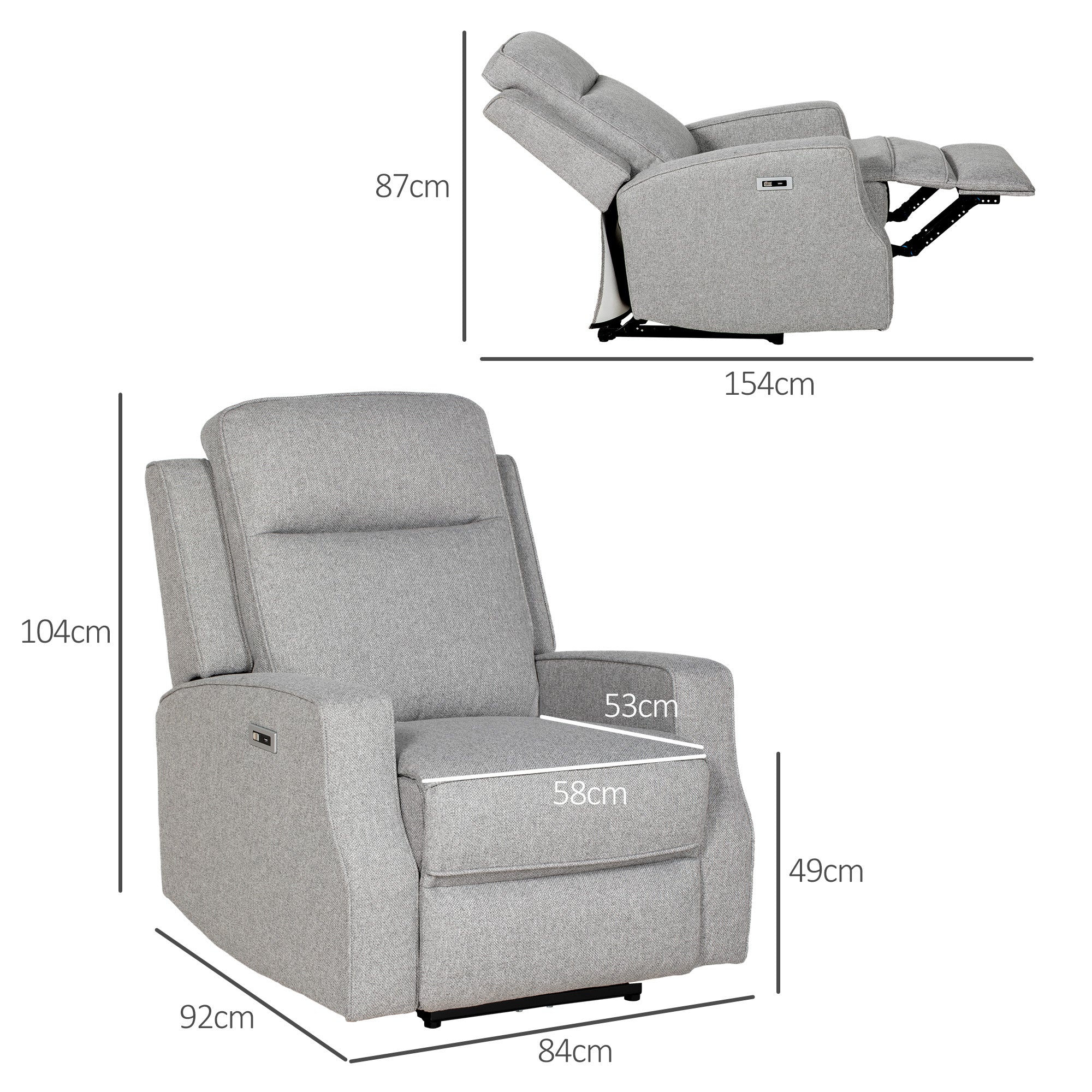 HOMCOM Electric Armchair, Fabric Recliner Chair with USB Port, Grey - Image 5