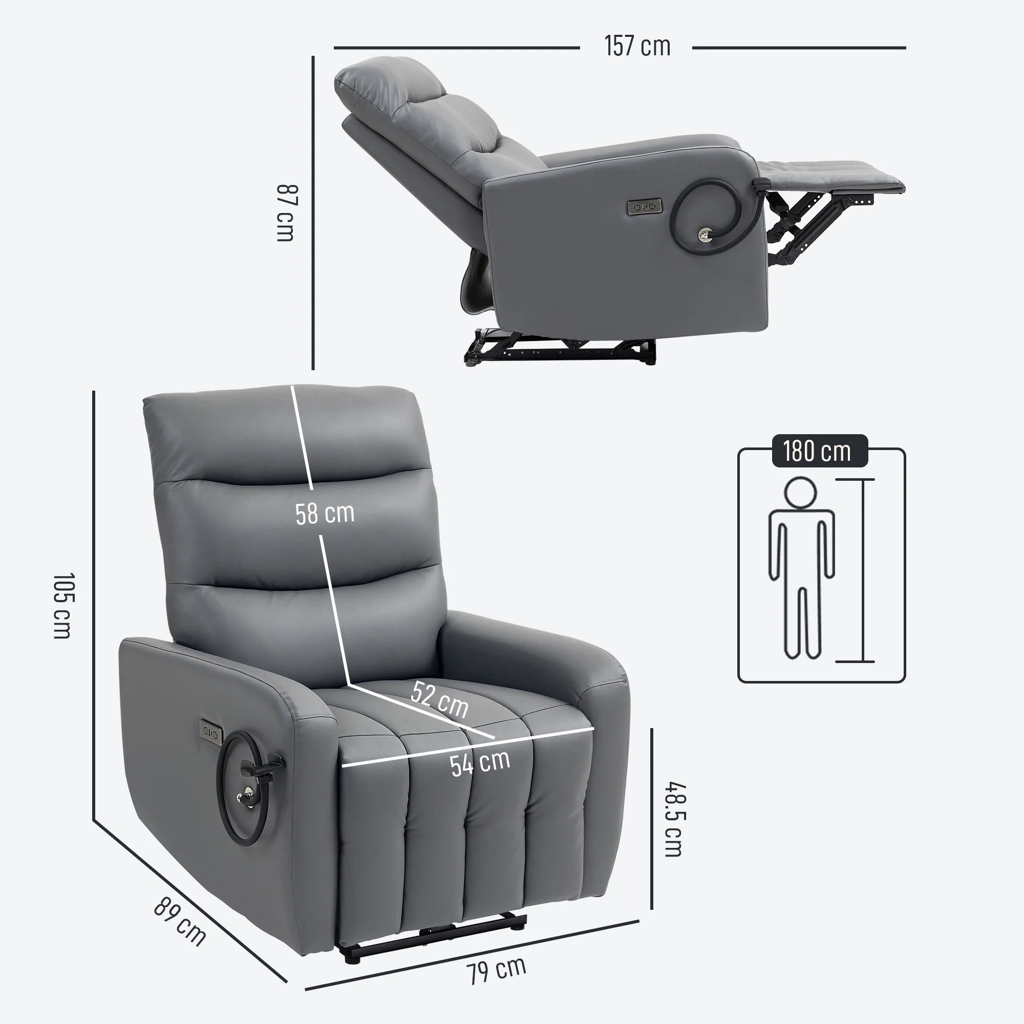 HOMCOM Electric Recliner Chair with Phone Holder, USB Charge Port, Grey - Image 5