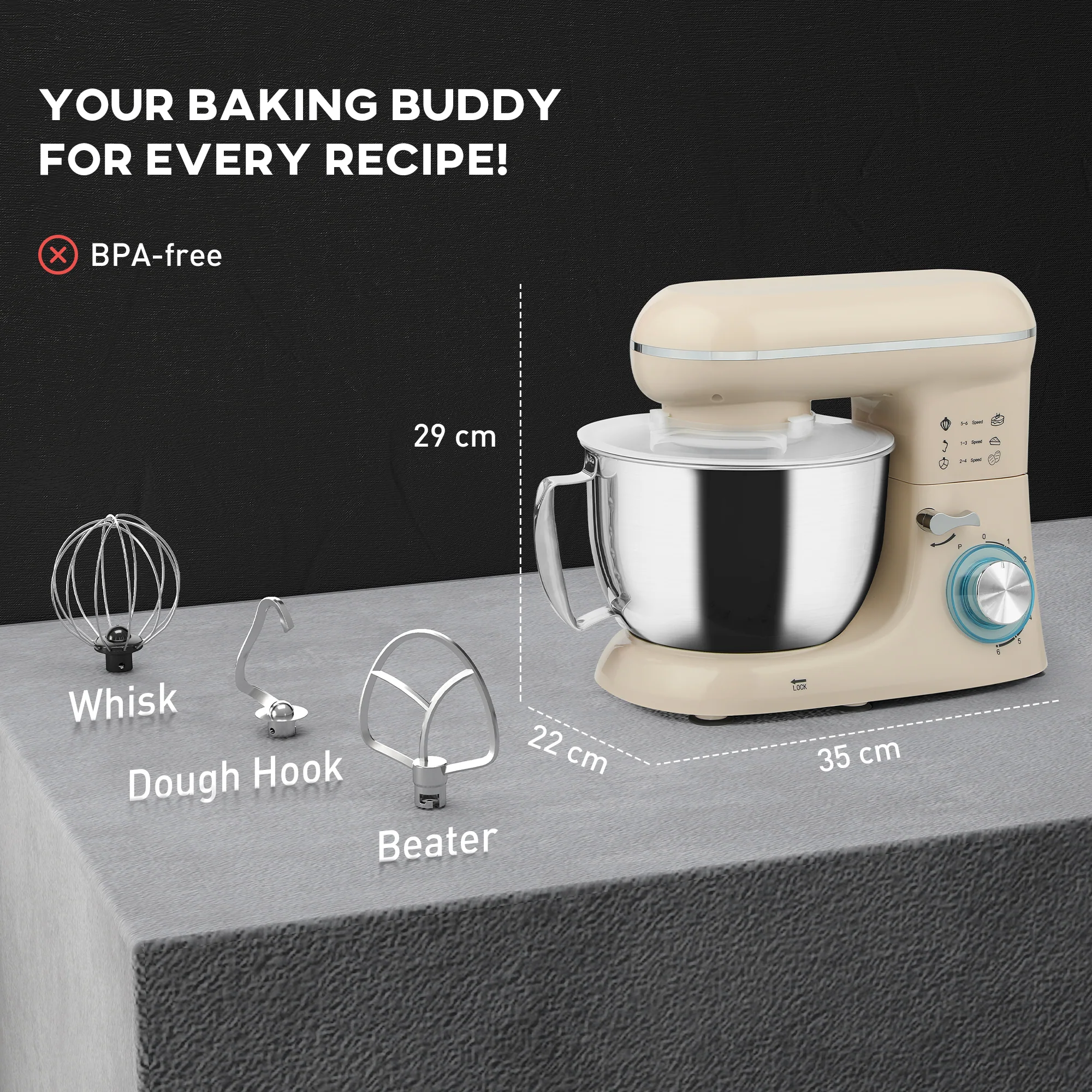 HOMCOM Electric Stand Mixer, 4.5L Food Mixer With Dough Hook, Whisk - Image 5