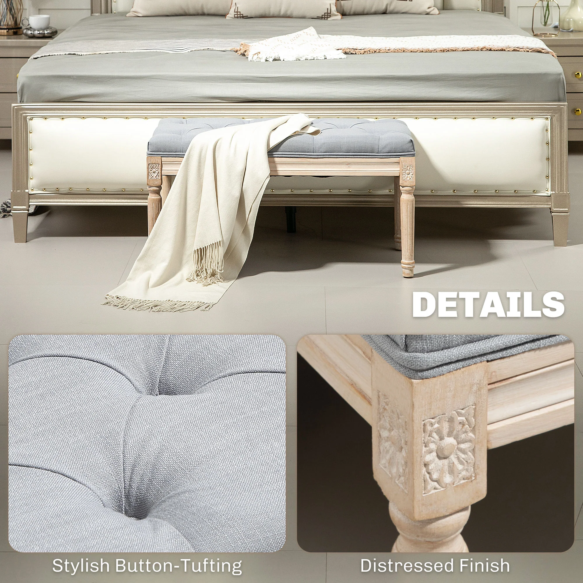 HOMCOM End Of Bed Bench Tufted Upholstered Foot Stool - Image 3