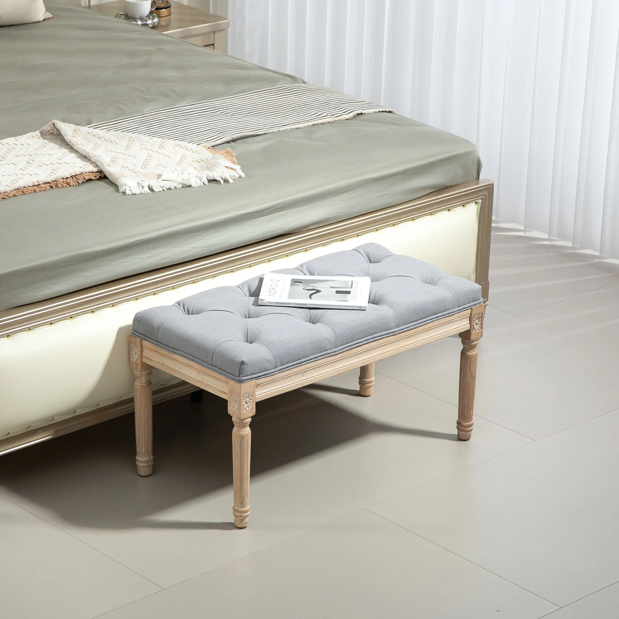 HOMCOM End Of Bed Bench Tufted Upholstered Foot Stool - Image 7