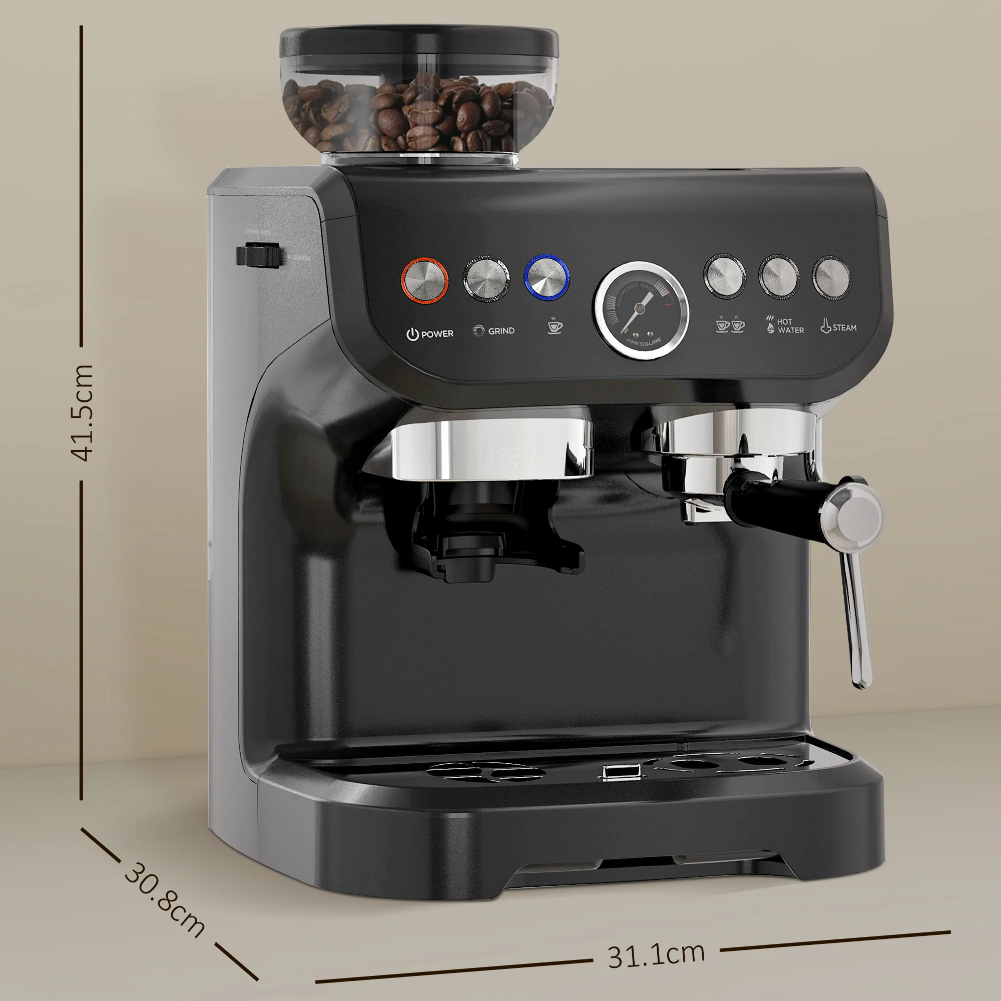 HOMCOM Espresso Machine, Bean Grinder & Steam Wand, 15 Bar Pressure, Black - Image 5