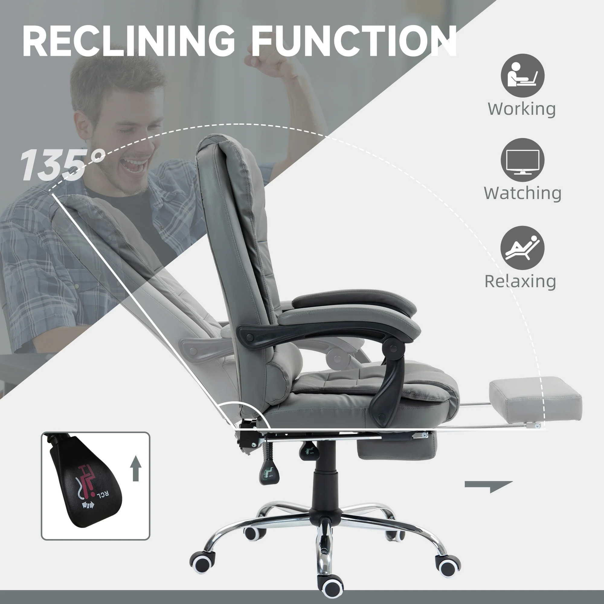 HOMCOM Executive Office Chair PU Leather Swivel Chair With Footrest Grey - Image 4