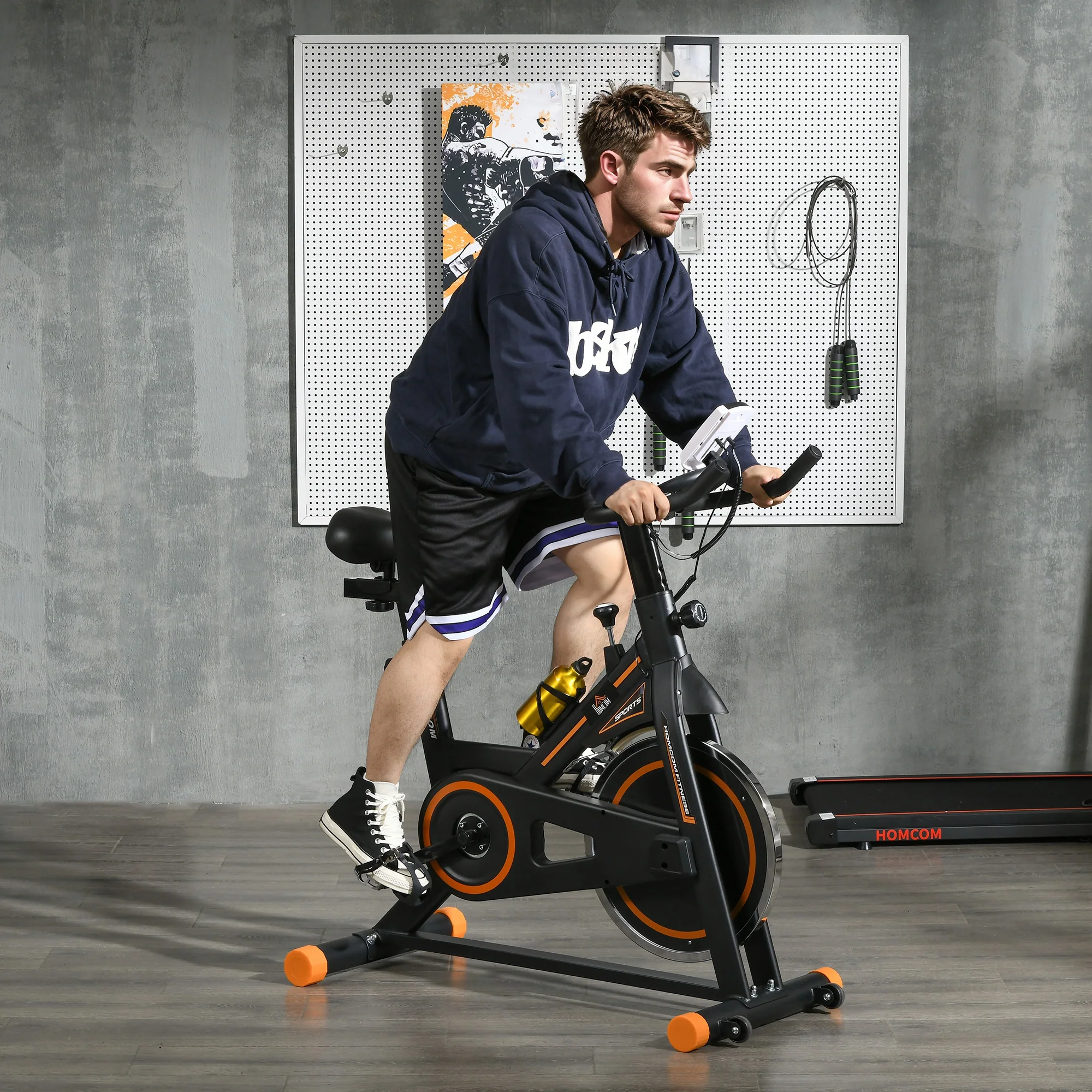 HOMCOM Exercise Bike Indoor Cycling w/ LCD Display, Heart Rate Sensor, Orange - Image 2