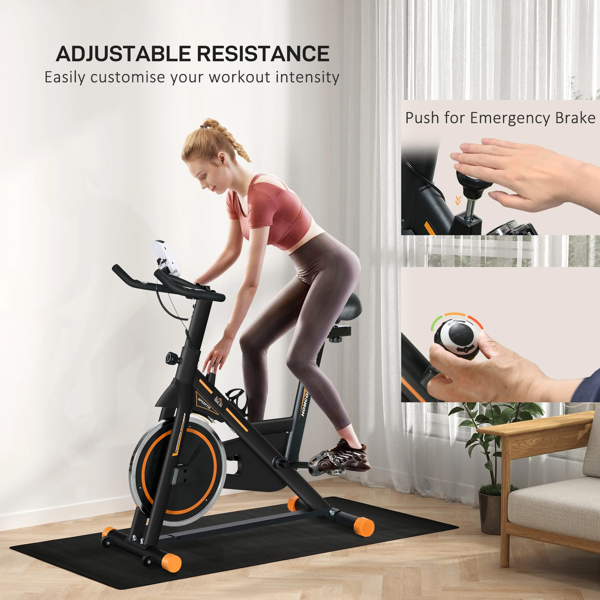 HOMCOM Exercise Bike Indoor Cycling w/ LCD Display, Heart Rate Sensor, Orange - Image 4
