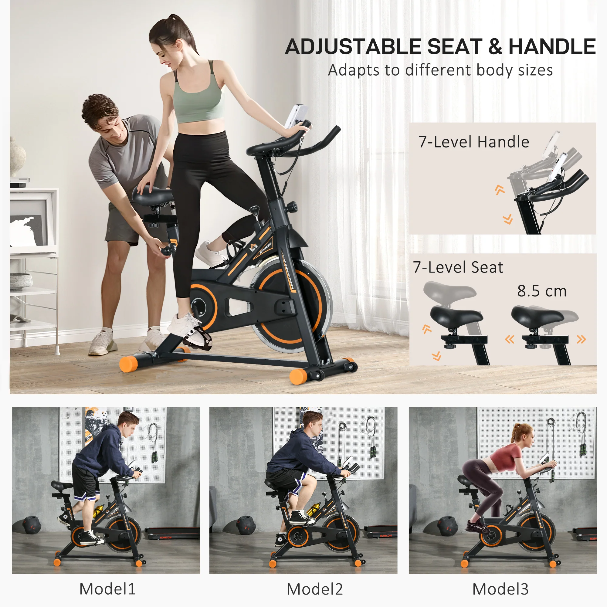 HOMCOM Exercise Bike Indoor Cycling w/ LCD Display, Heart Rate Sensor, Orange - Image 6