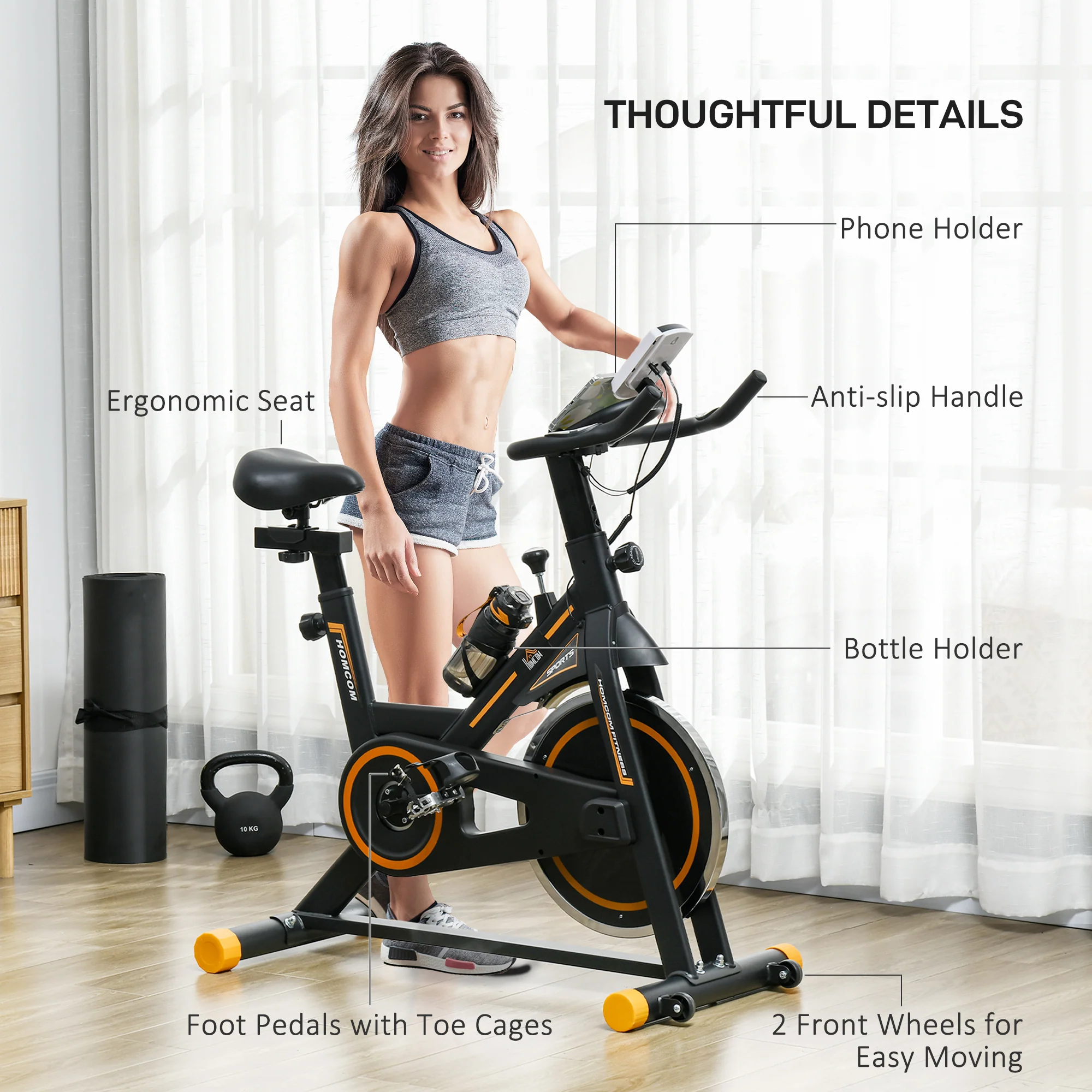 HOMCOM Exercise Bike Indoor Cycling w/ LCD Display, Heart Rate Sensor, Orange - Image 7