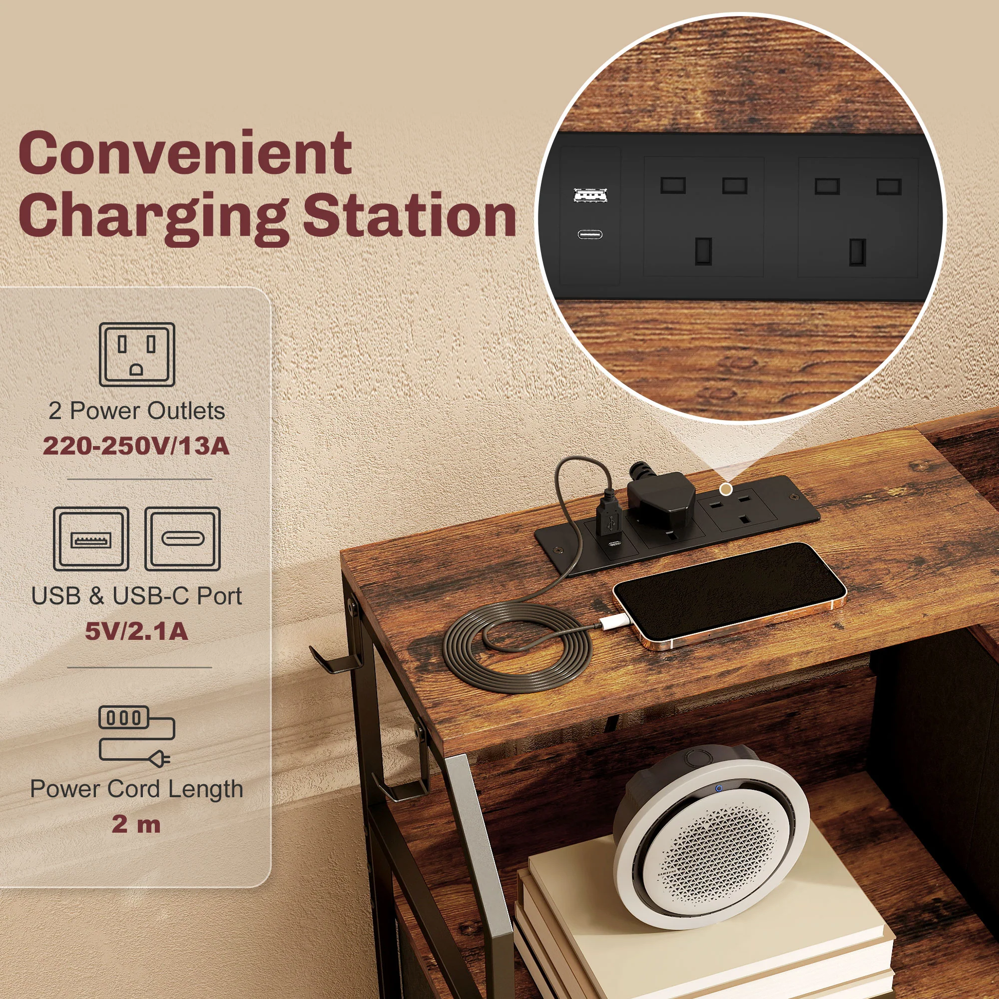HOMCOM Fabric Chest Of Drawers W/ Charging Station For Bedroom Rustic Brown - Image 3