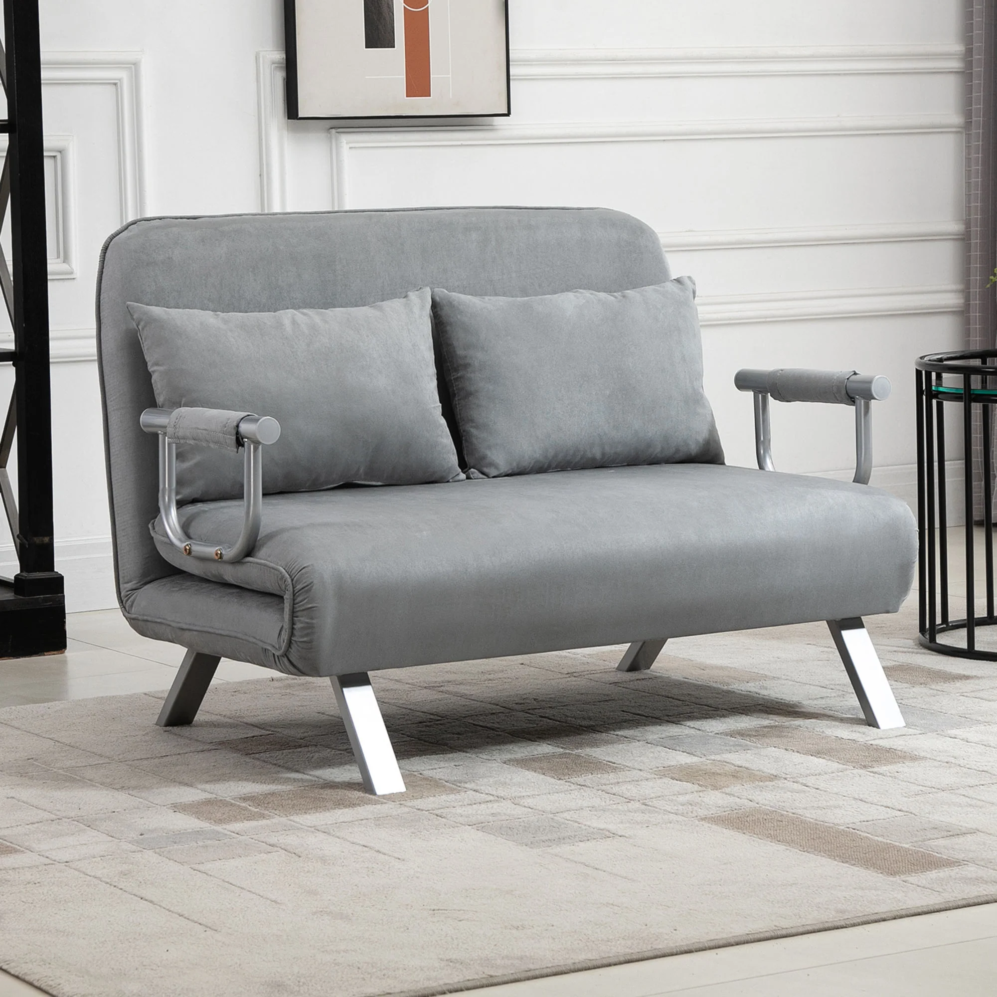 HOMCOM Fabric Convertible 2 Seater Sofa Bed W/ 2 Pillows, Light Grey - Image 12