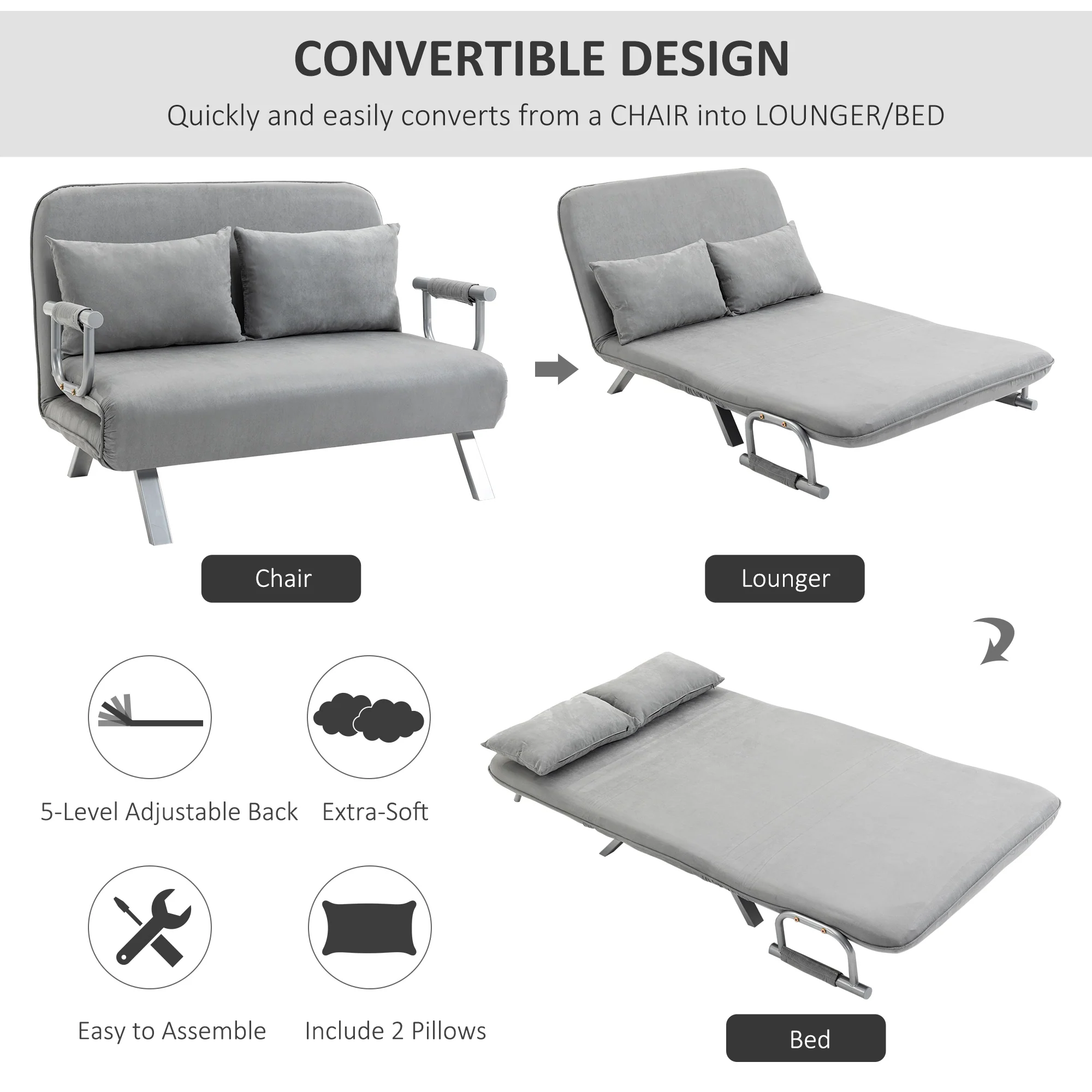 HOMCOM Fabric Convertible 2 Seater Sofa Bed W/ 2 Pillows, Light Grey - Image 13