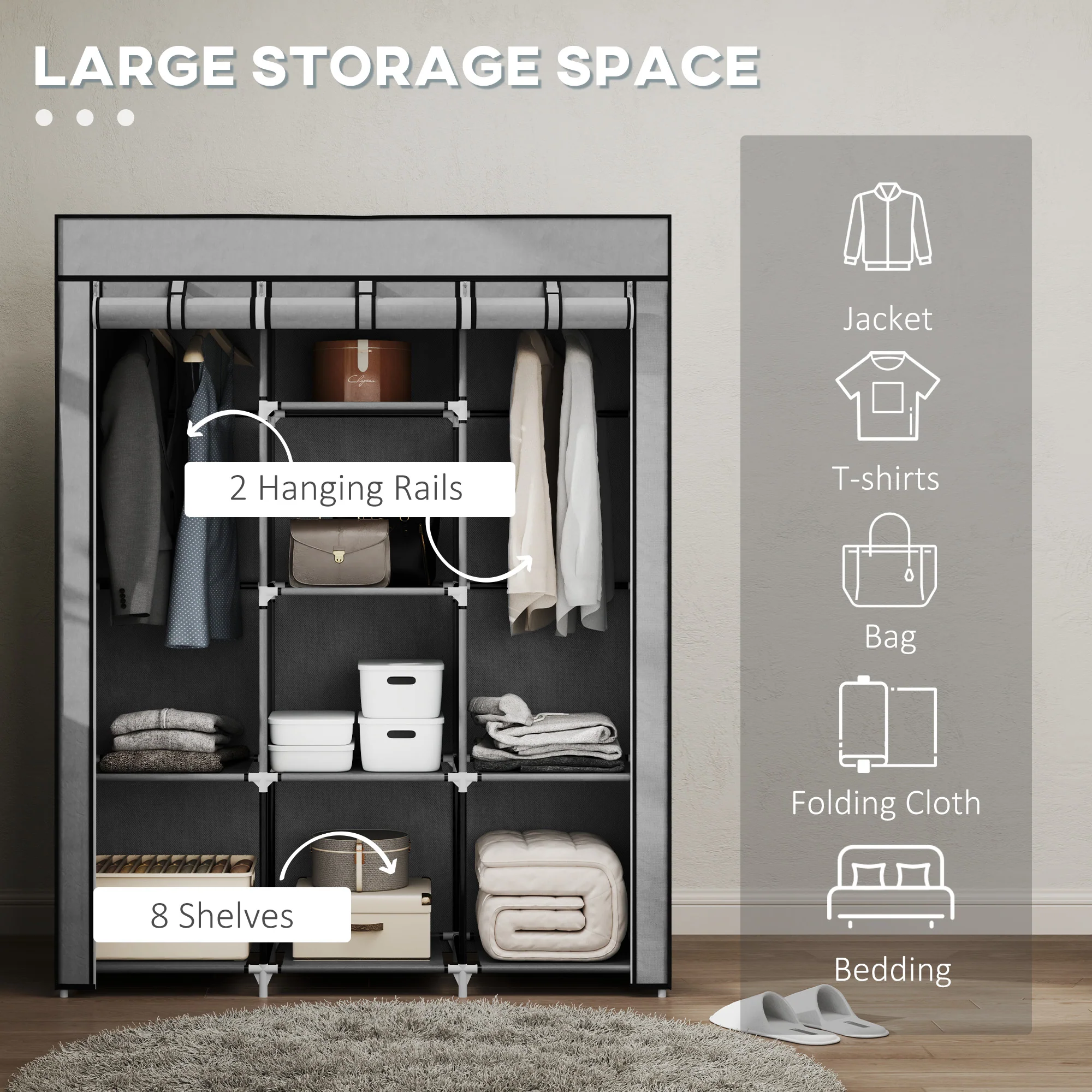 HOMCOM Fabric Portable Wardrobe with 8 Shelves 2 Hanging Rails - Image 39