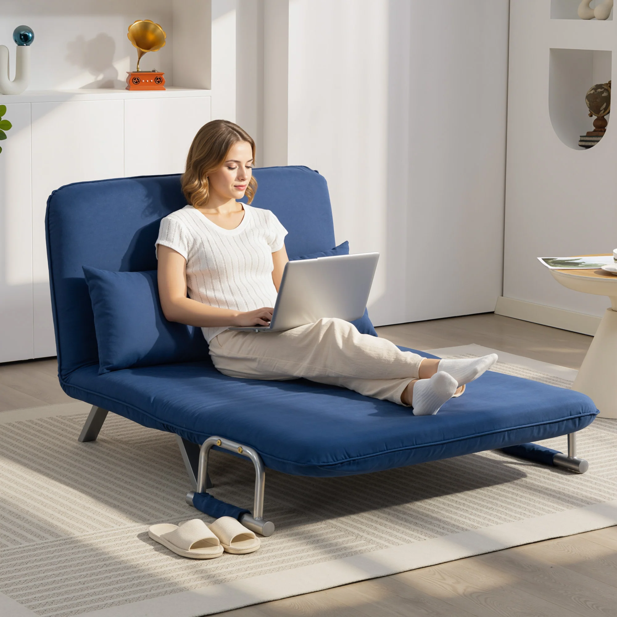 HOMCOM Fabric Sofa, Convertible 2 Seater Sofa Bed w/ Pillows, Dark Blue - Image 2
