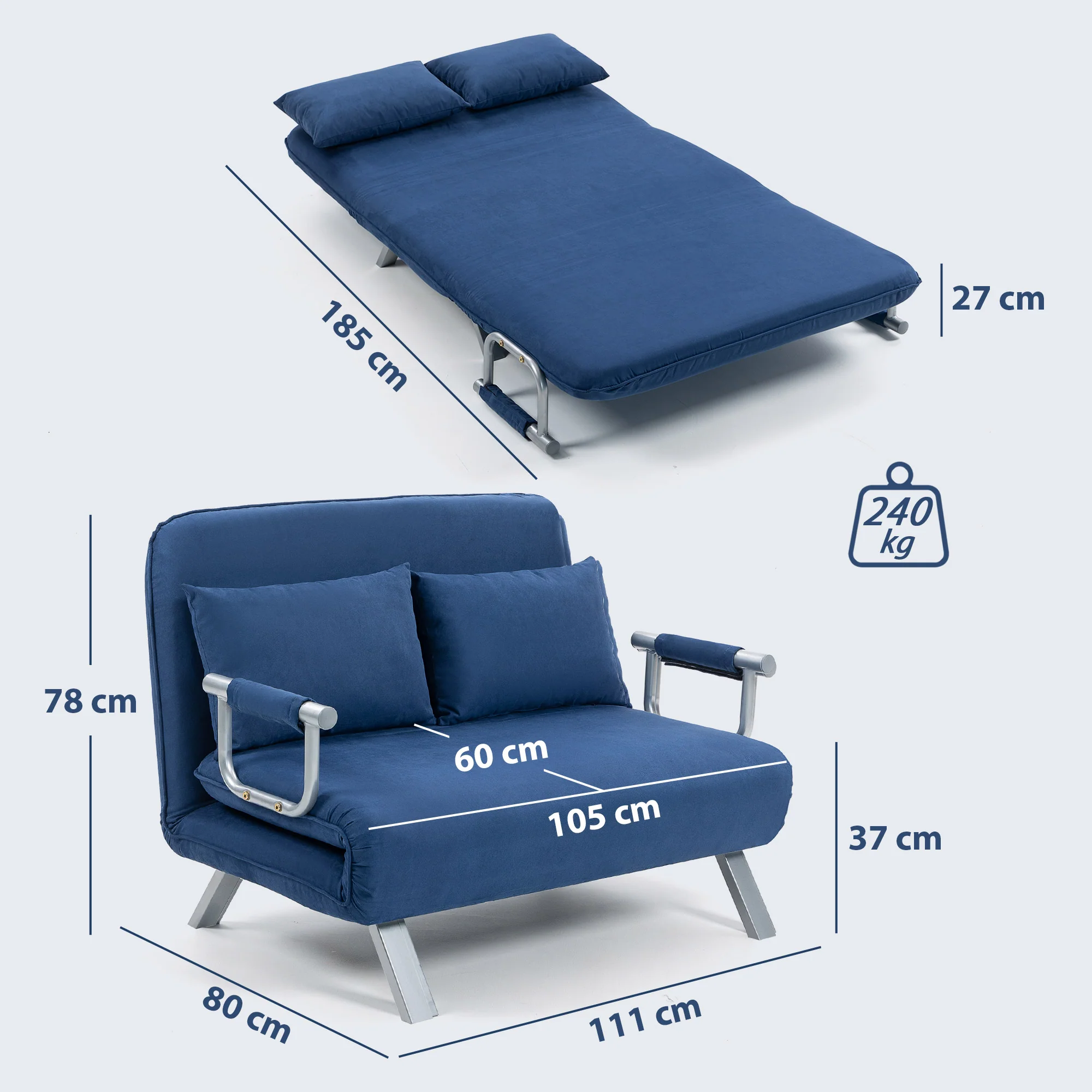 HOMCOM Fabric Sofa, Convertible 2 Seater Sofa Bed w/ Pillows, Dark Blue - Image 5